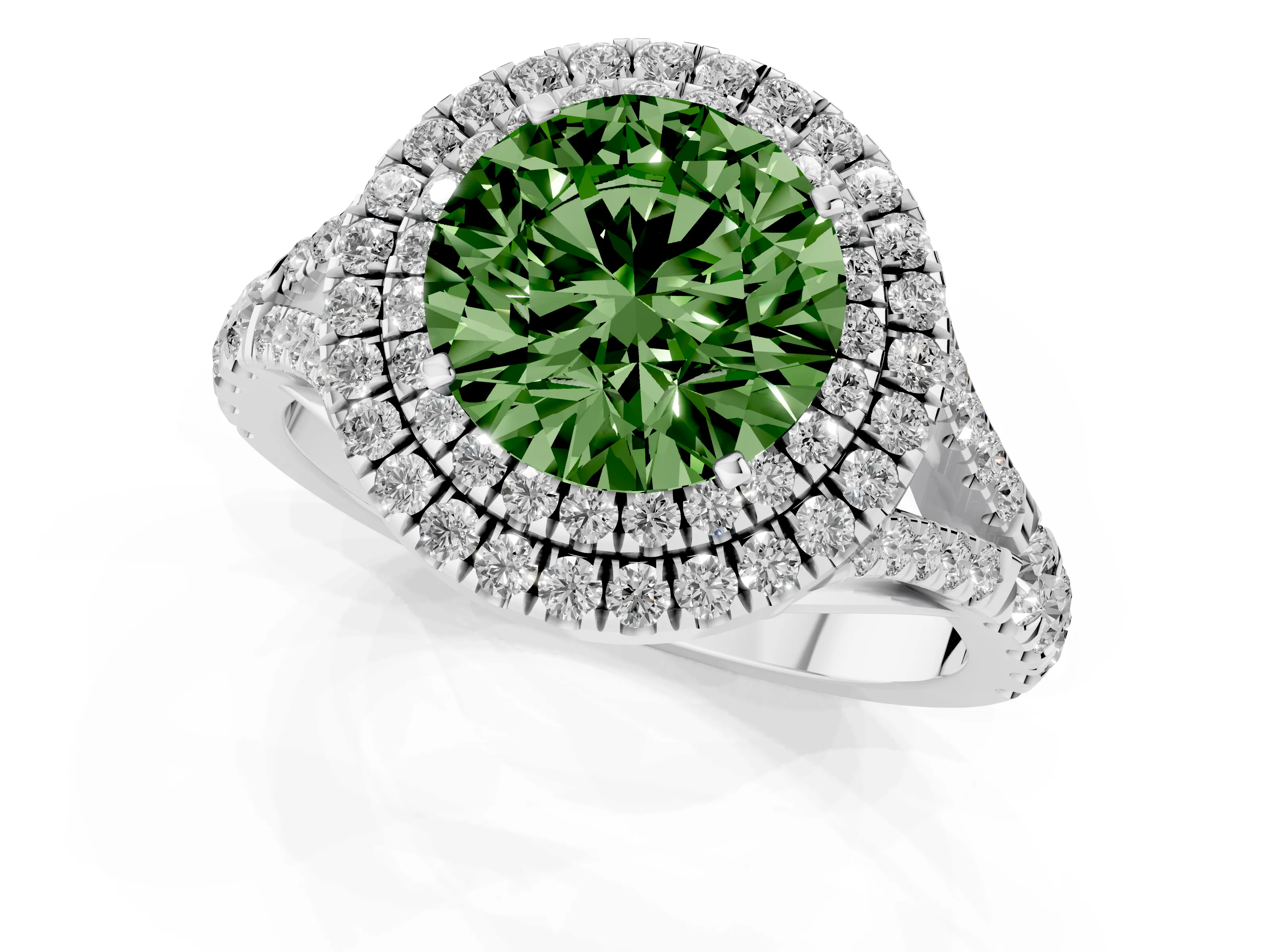Fancy Green Round Cut Diamond Pavé Split Shank Double Halo Engagement Ring Set in Platinum