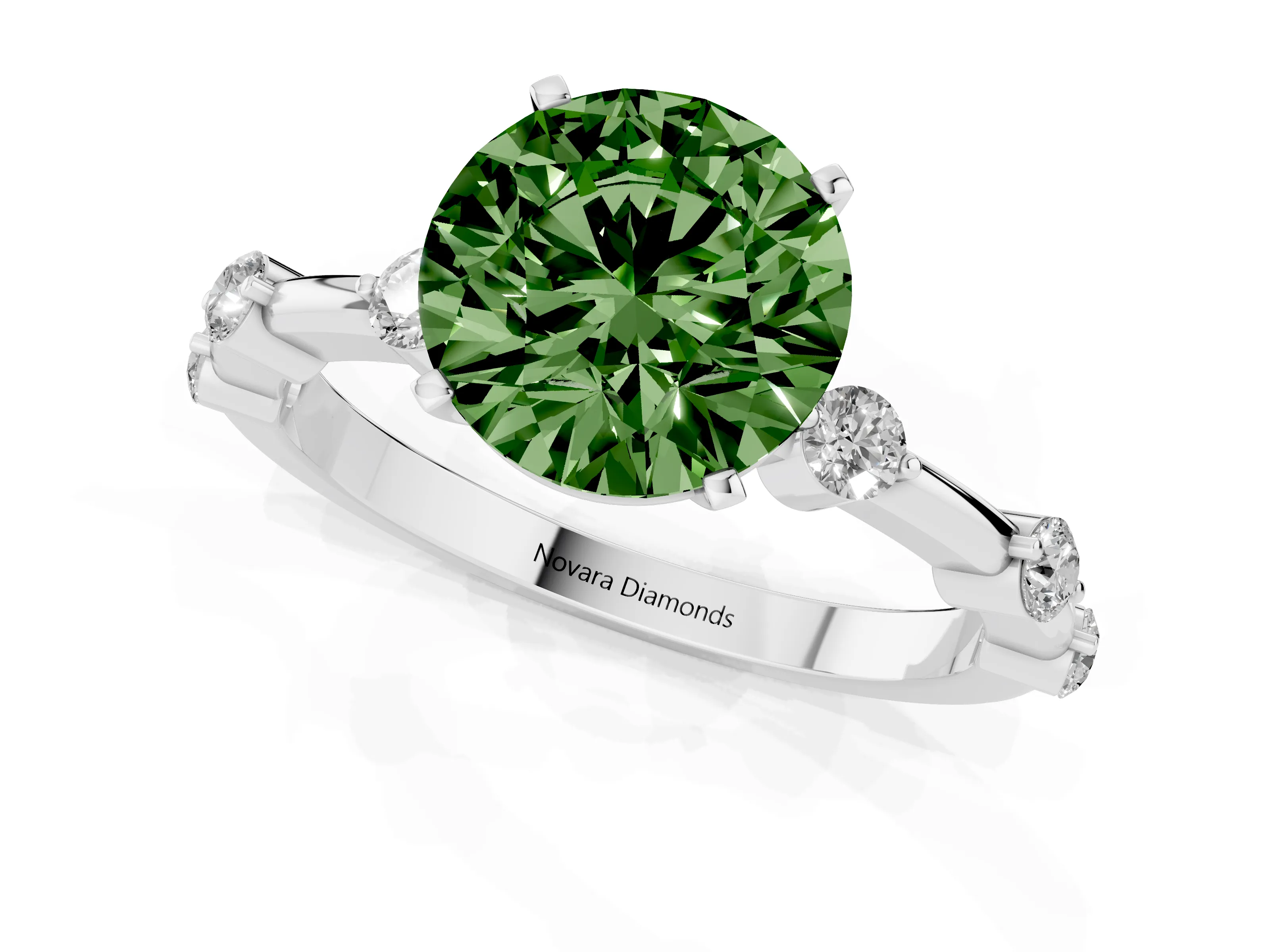 Fancy Green Round Cut Diamond Solitaire Ring Set in Silver with Bezel Set Side Stones and Prong Setting