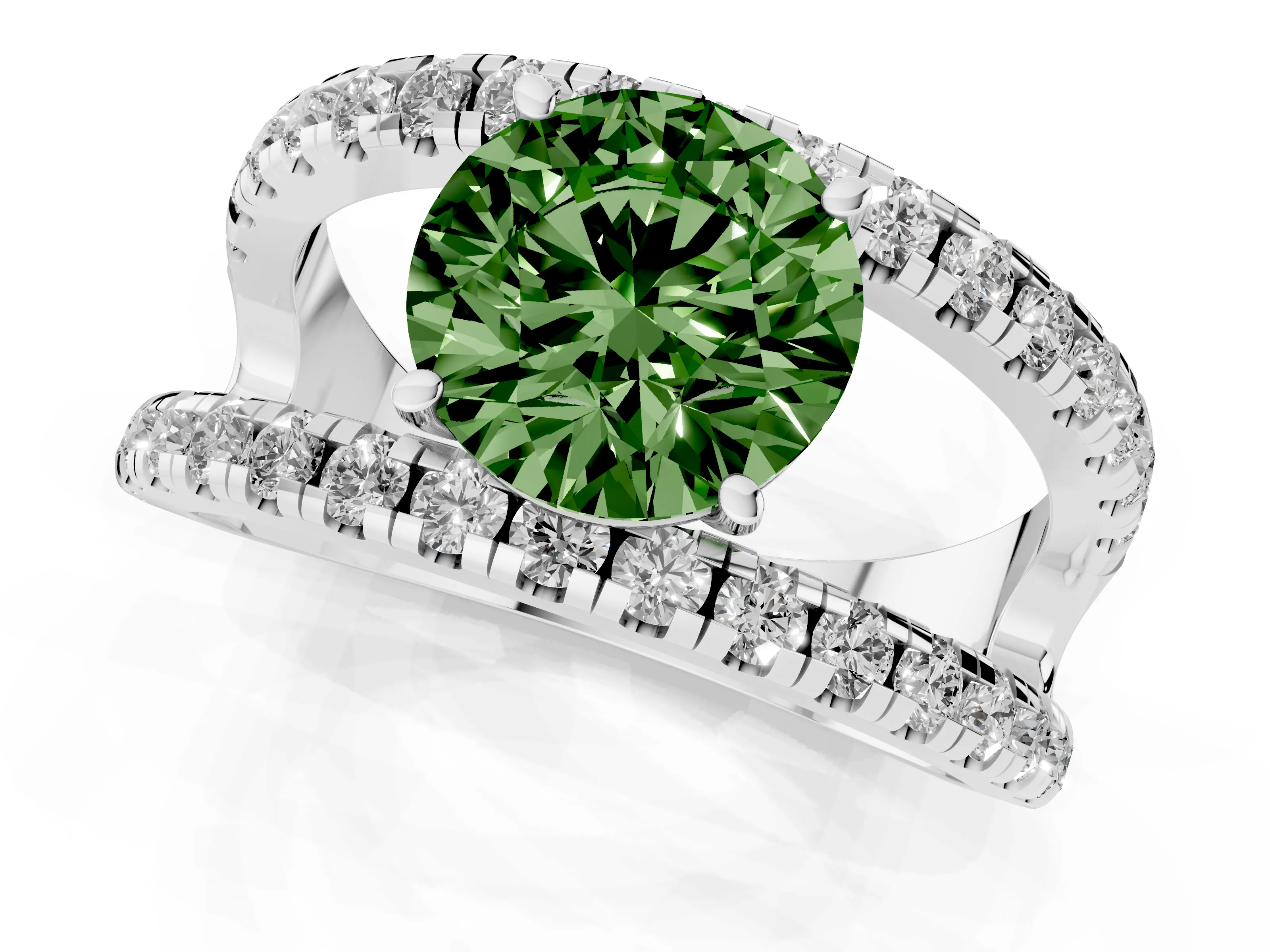 Fancy Green Round Cut Diamond Split Shank Pavé Solitaire Ring Set in Platinum with Open Shank Design