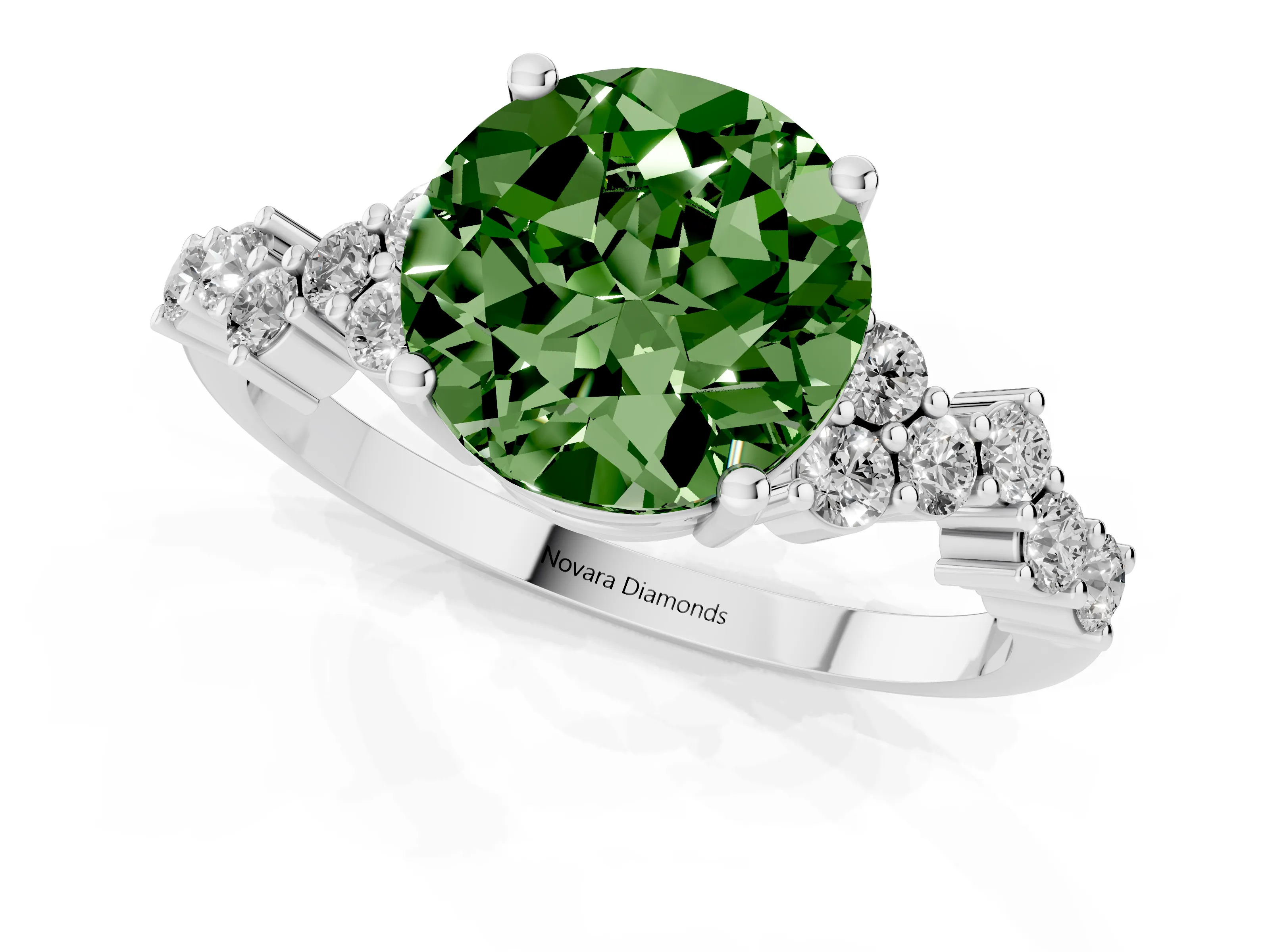 Fancy Green Round Cut Diamond Ring Set in White gold with Scattered Round Accents