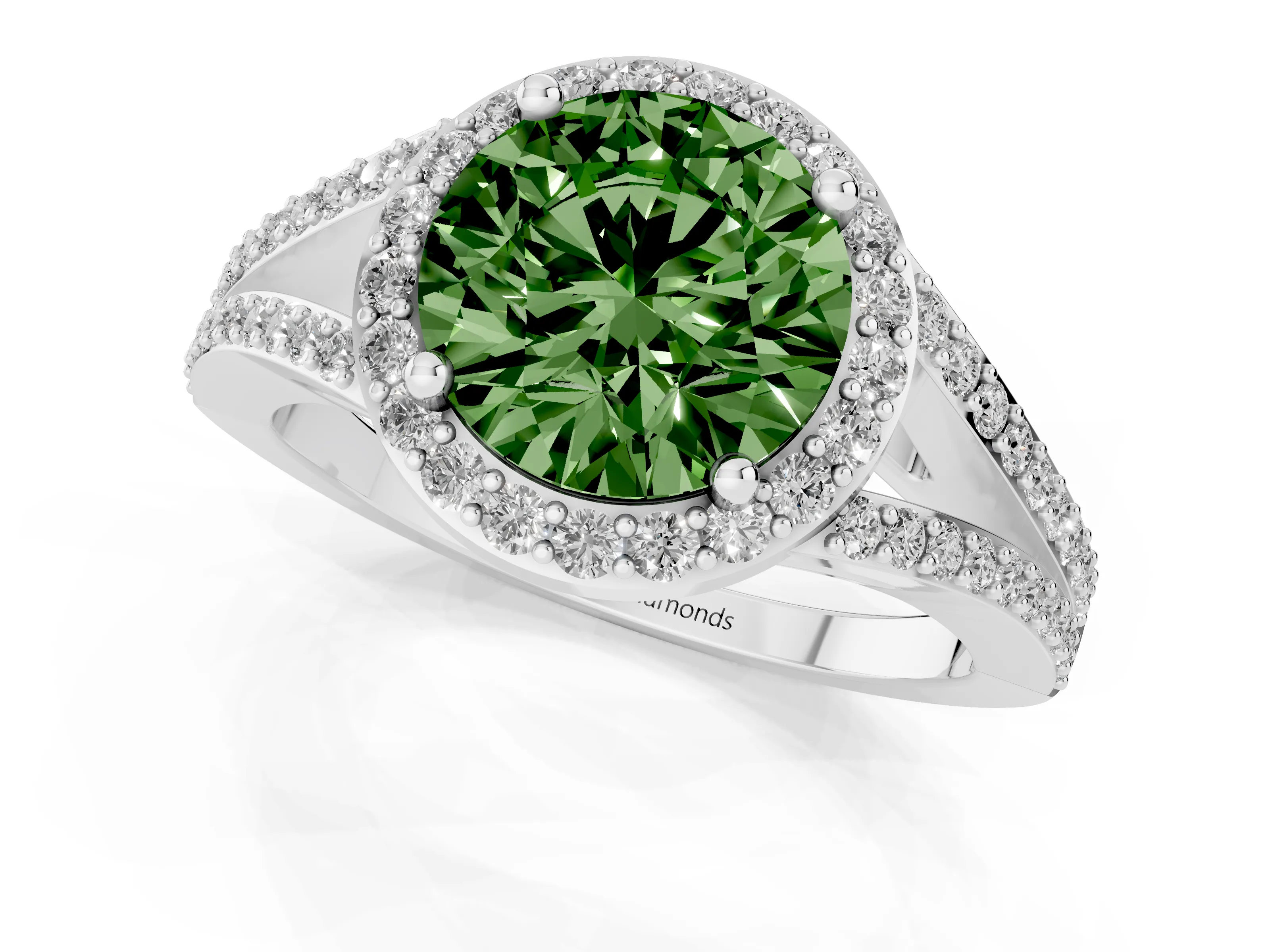 Fancy Green Round Cut Diamond Halo Split Shank Pavé Ring Set in Platinum with Prong Setting