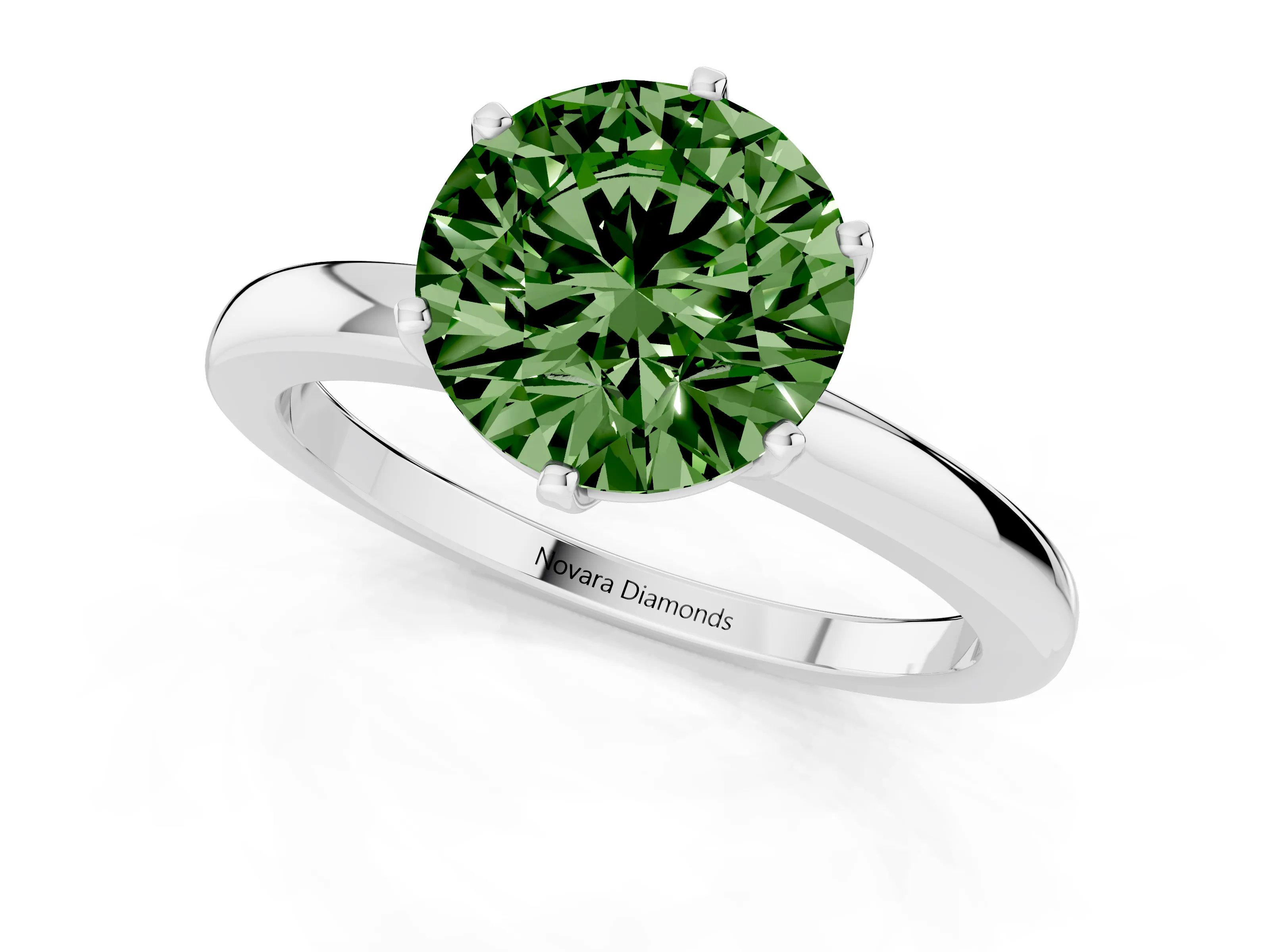 Fancy Green Round Cut Diamond Solitaire Ring Set in Platinum with Raised Prong Setting on a Classic Band