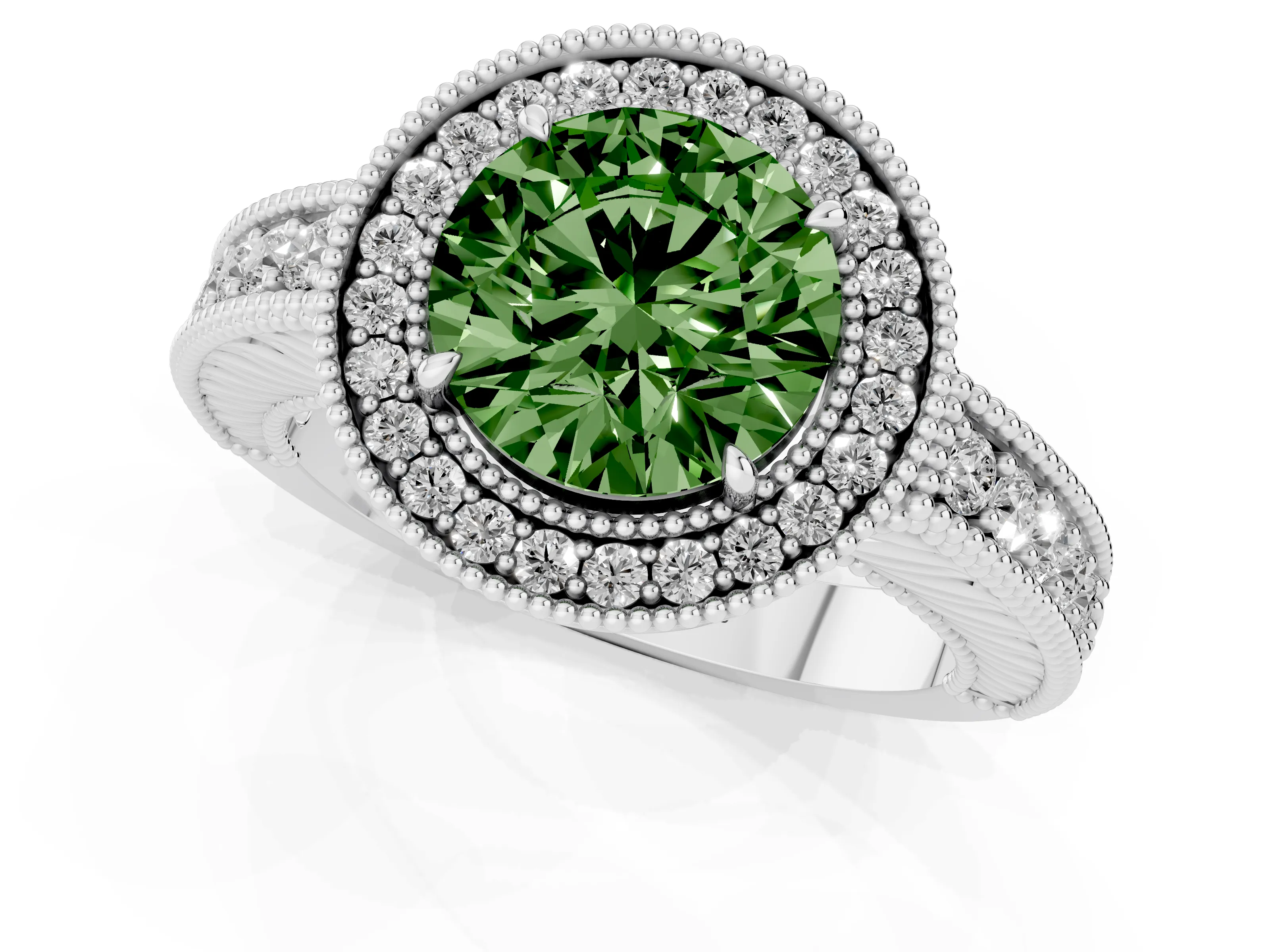 Fancy Green Round Cut Diamond Halo Ring Set in White gold with Round Accent Halo, Pavé Band and Prong Setting