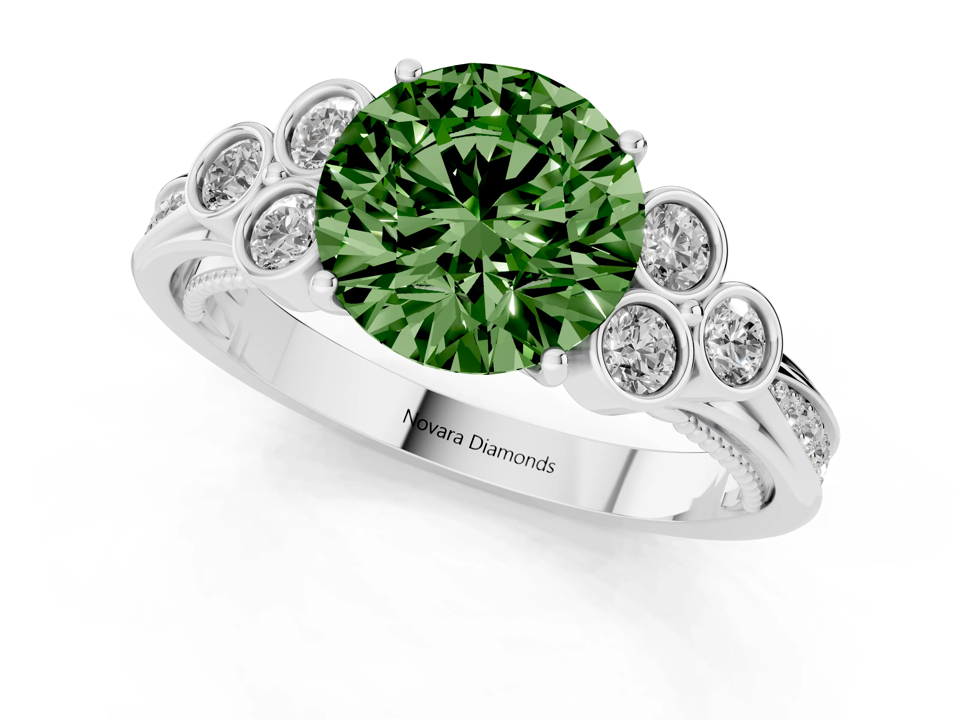 Fancy Green Round Cut Diamond Engagement Ring Set in Platinum with Bezel Set Round Side Stones and Prong Setting