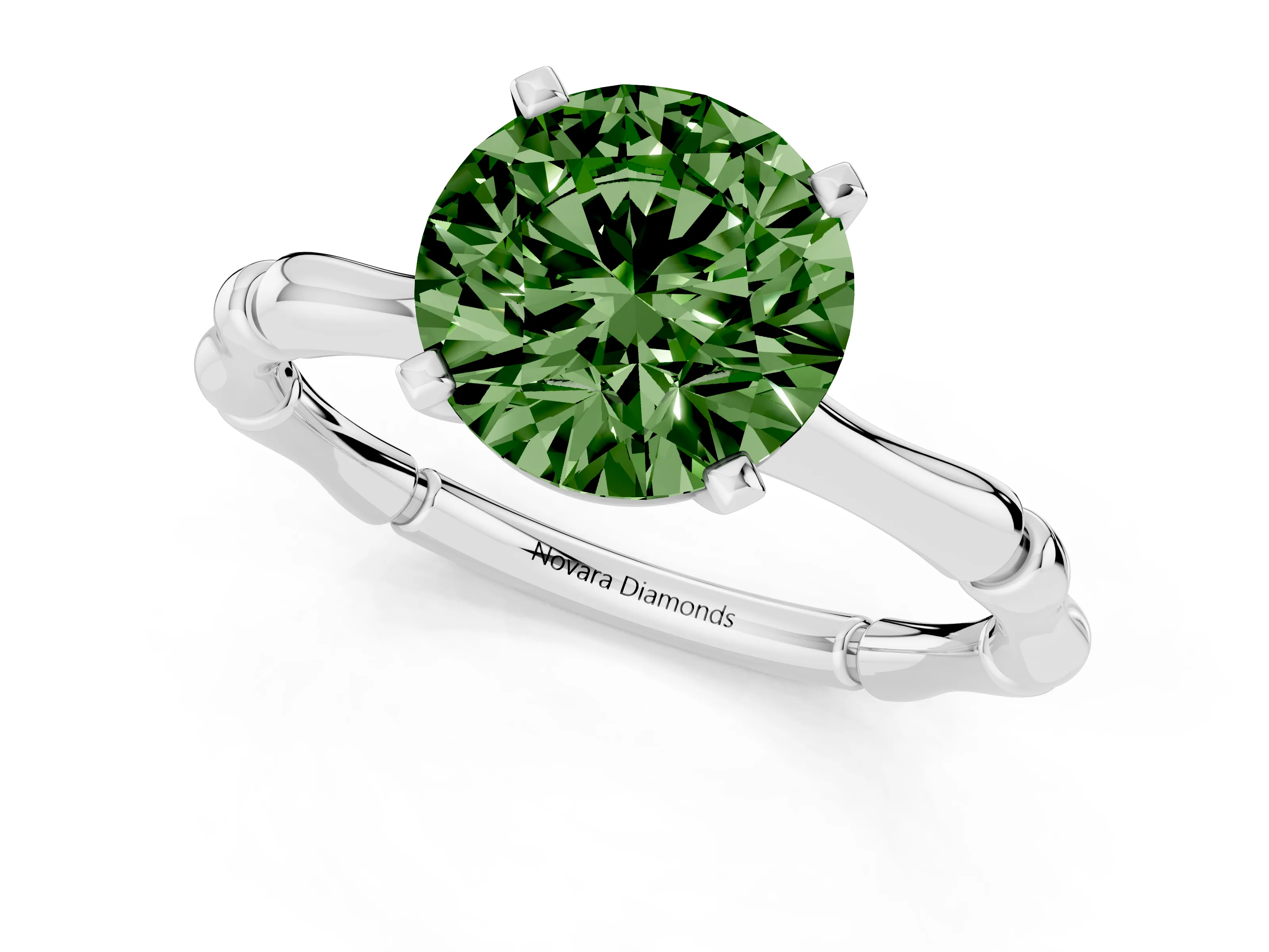 Fancy Green Round Cut Diamond Solitaire Ring Set in Silver with Bamboo Band and Prong Setting