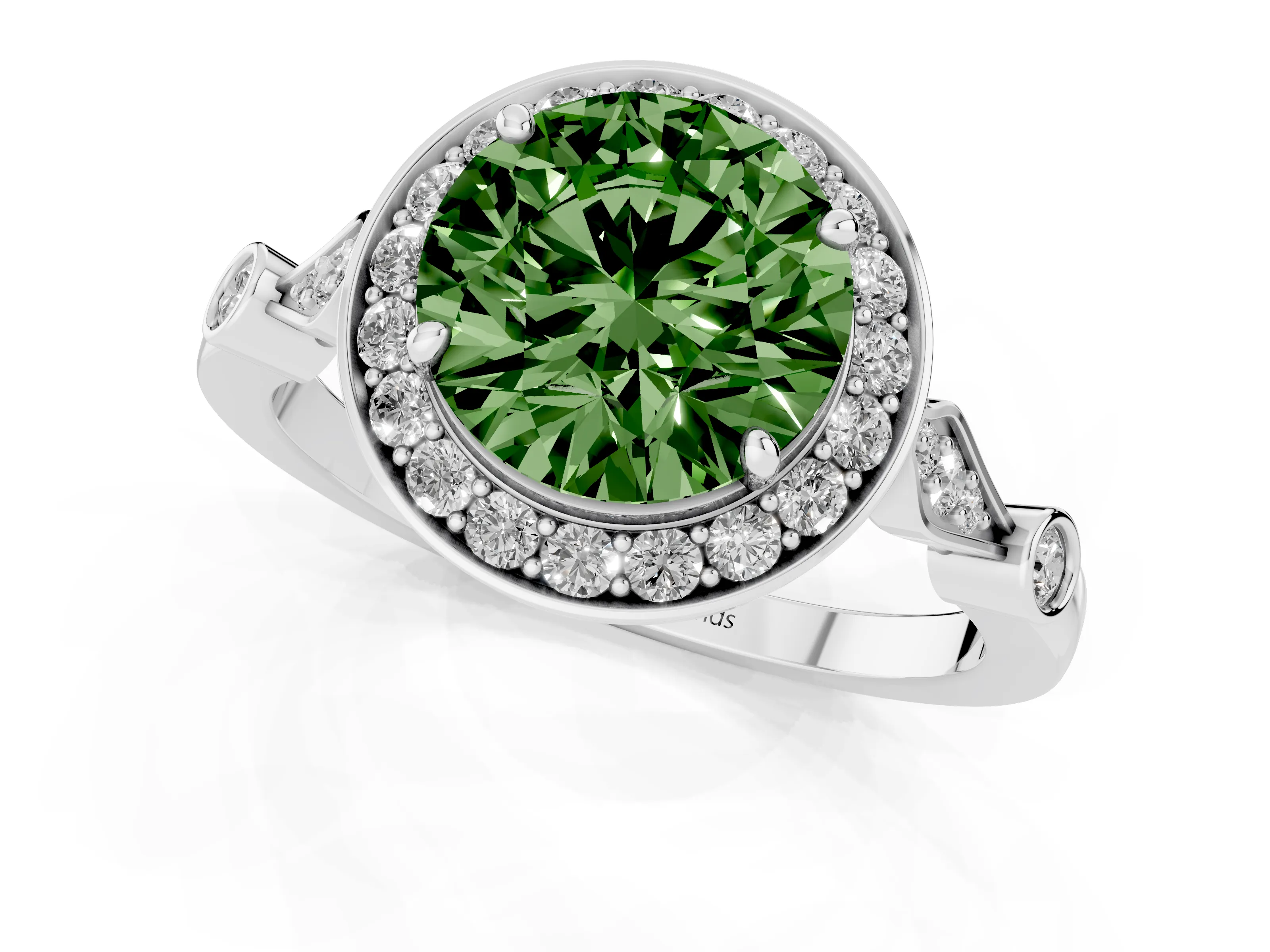 Fancy Green Round Cut Diamond Halo Engagement Ring Set in Platinum with Twisted Band and Prong Setting – second view