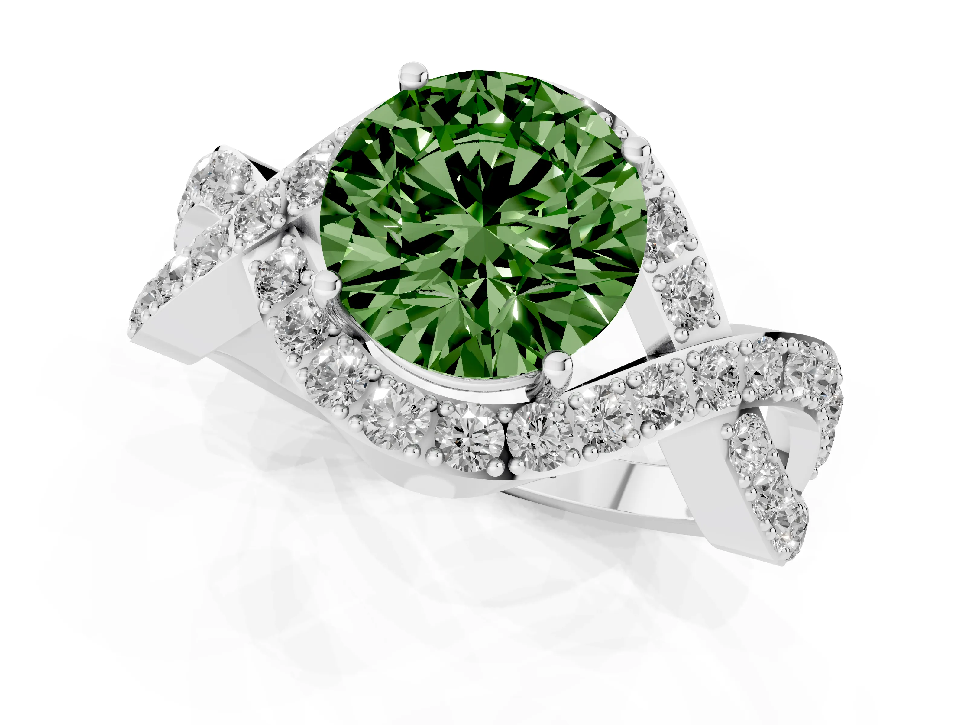 Fancy Green Round Cut Diamond Solitaire Twist Band Pavé Engagement Ring Set in White gold
