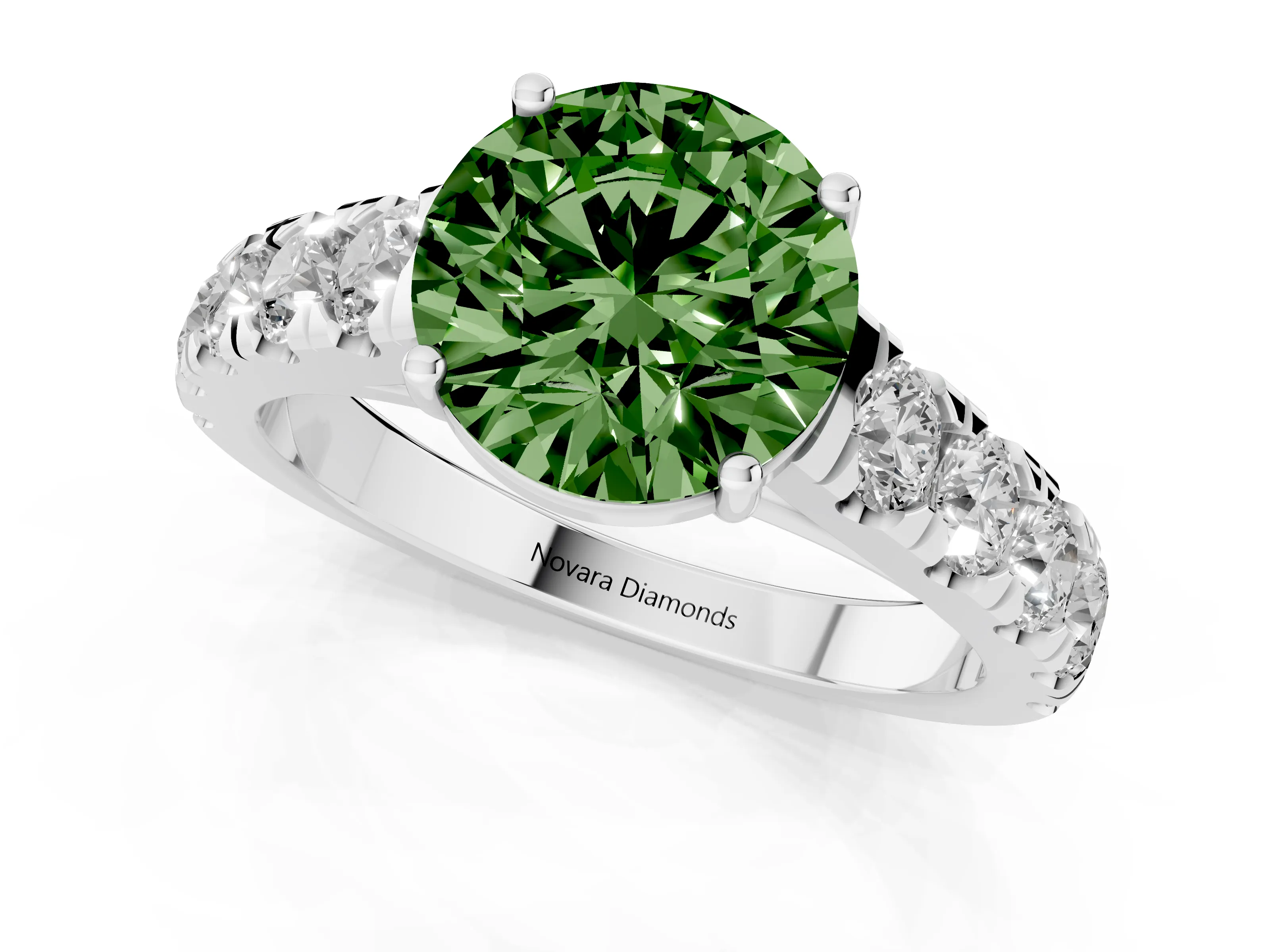 Fancy Green Round Cut Diamond Solitaire Ring Set in Platinum with Cut-Down Micro Pavé Band and Prong Setting