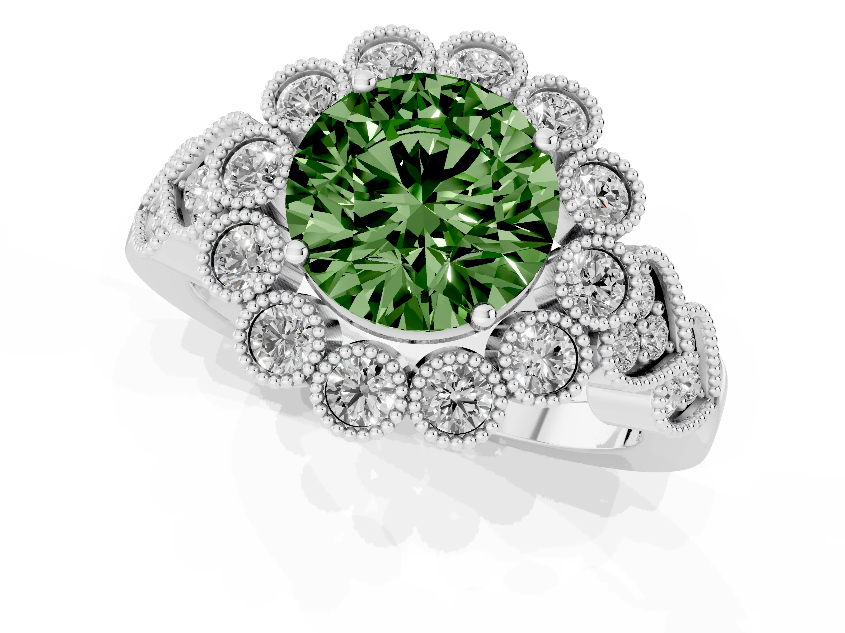 Fancy Green Round Cut Diamond Solitaire Ring Set in White gold with Milgrain Pavé Heart Band