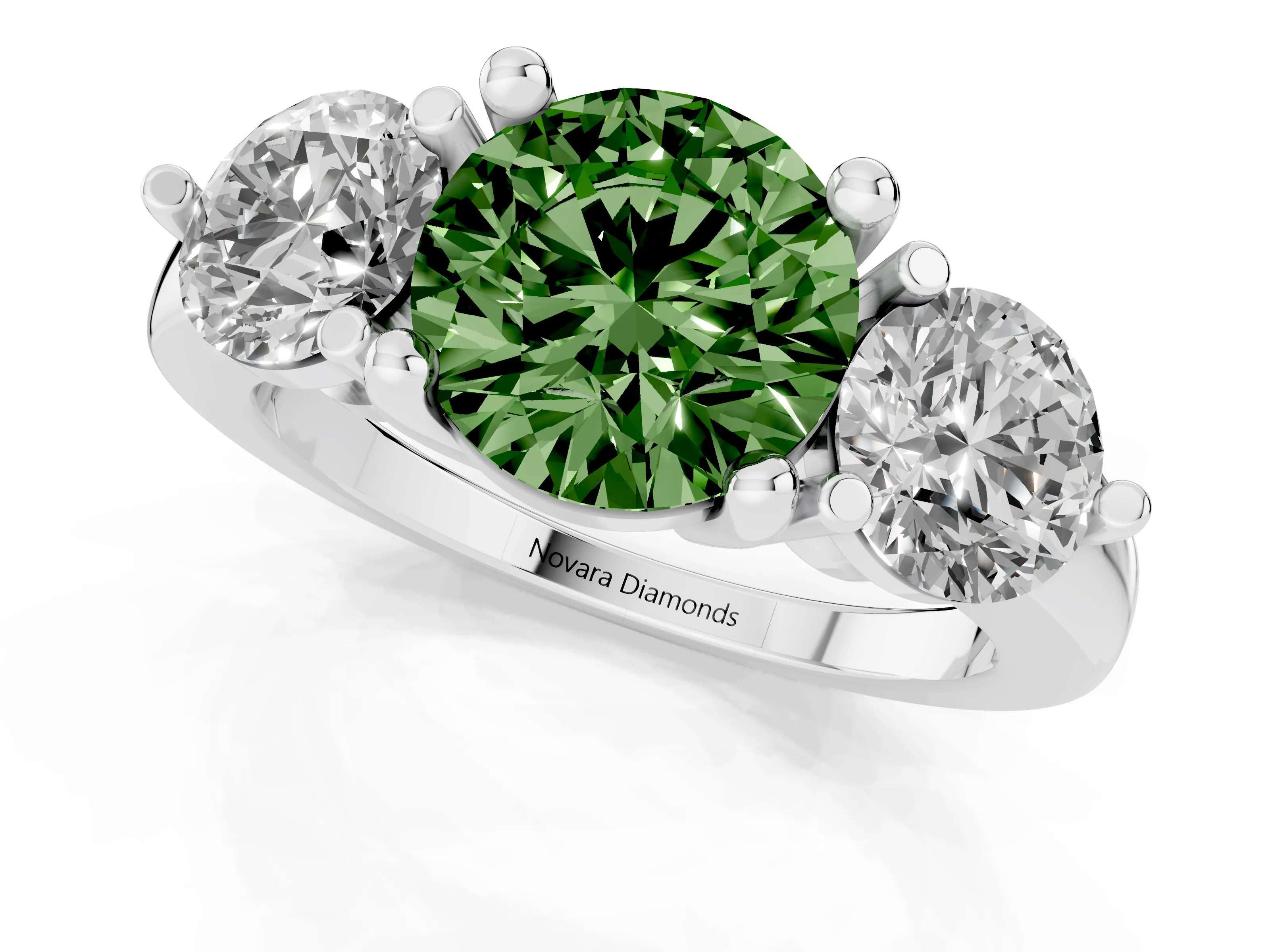 Fancy Green Round Cut Diamond Three-Stone Ring Set in Silver with Prong Setting and Classic Band