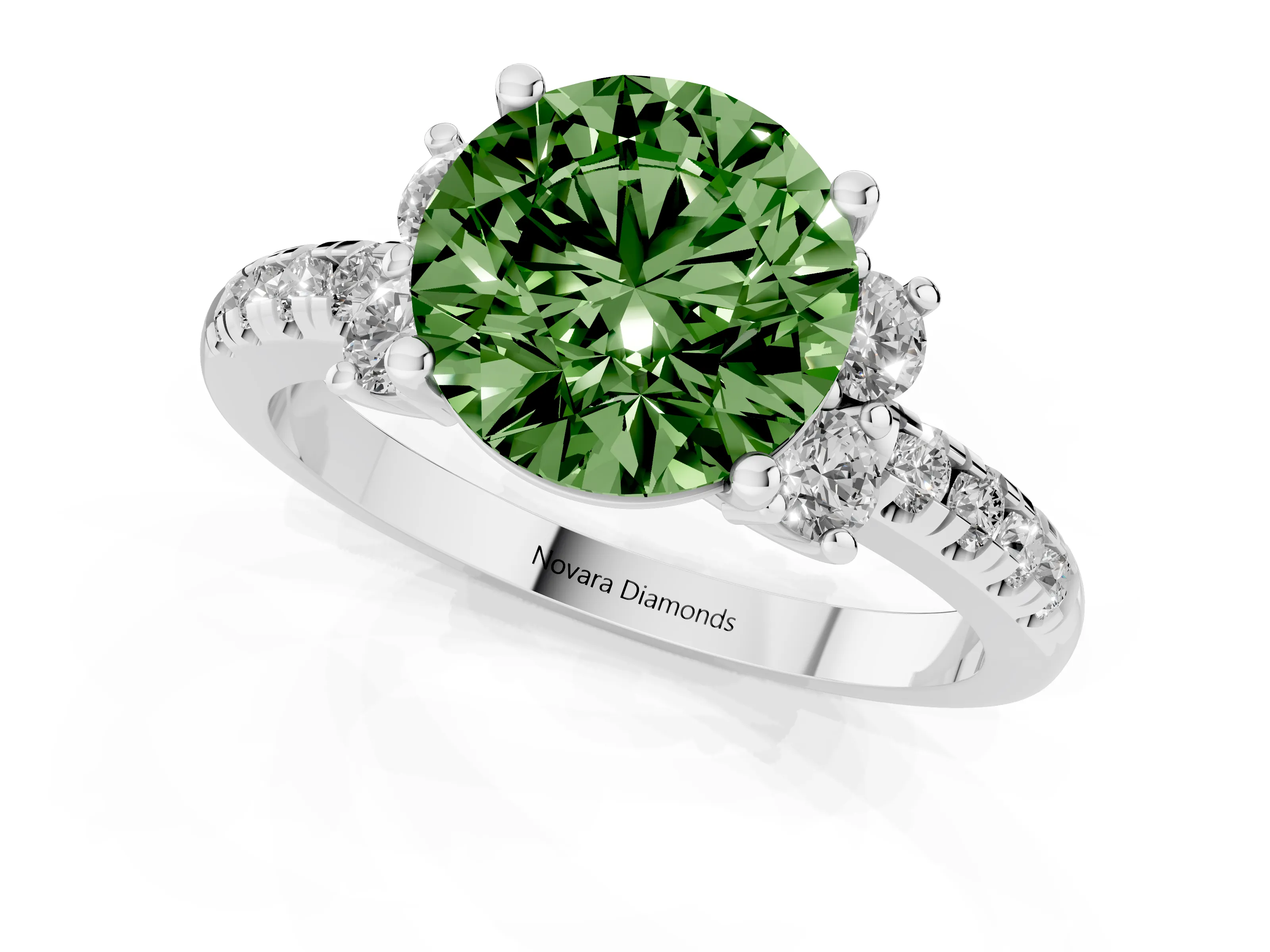 Fancy Green Round Cut Diamond Three-Stone Pavé Ring Set in White gold with Prong Setting