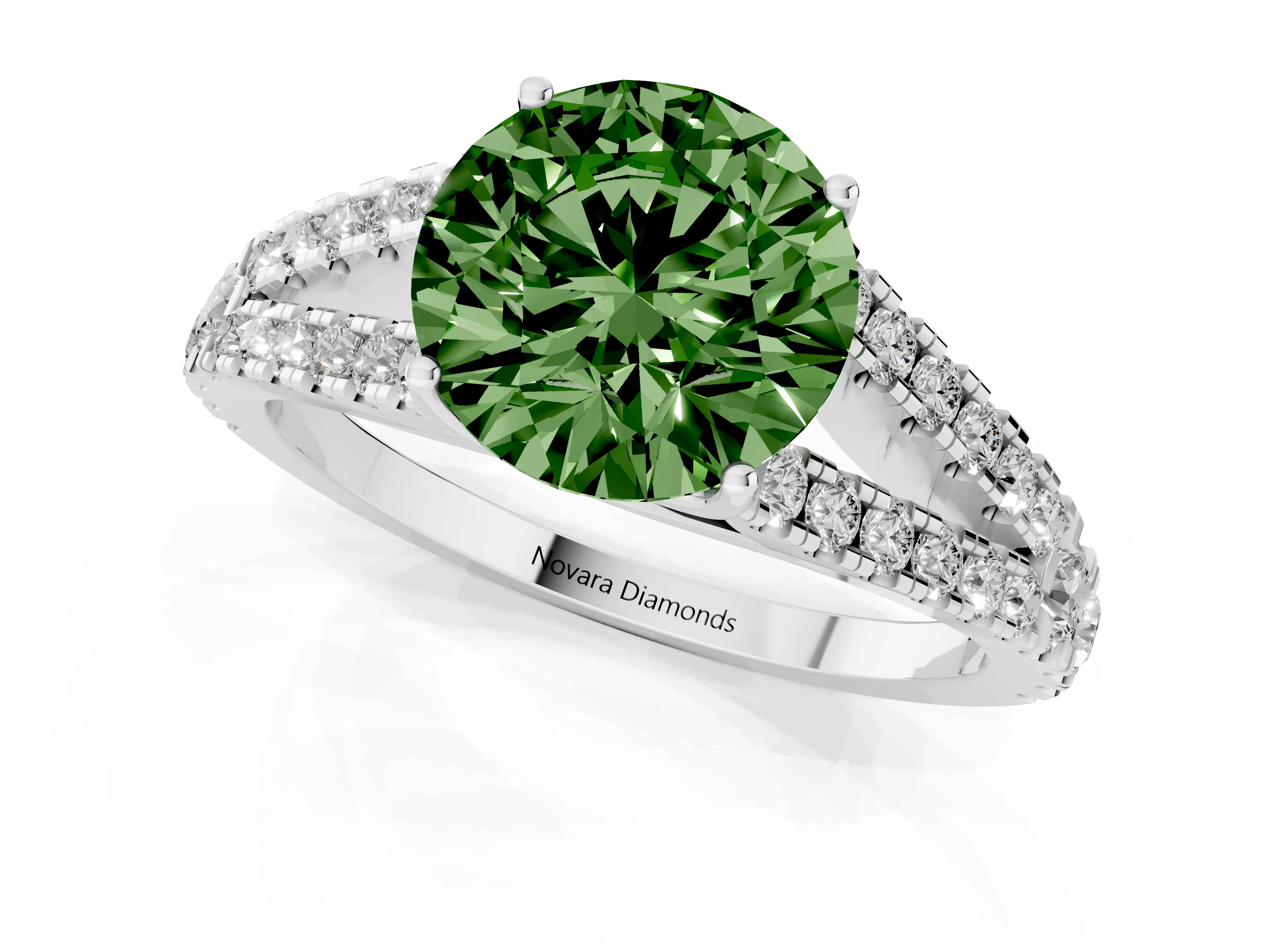 Fancy Green Round Cut Diamond Split Shank Pavé Engagement Ring Set in Silver with Prong-Held Center Stone