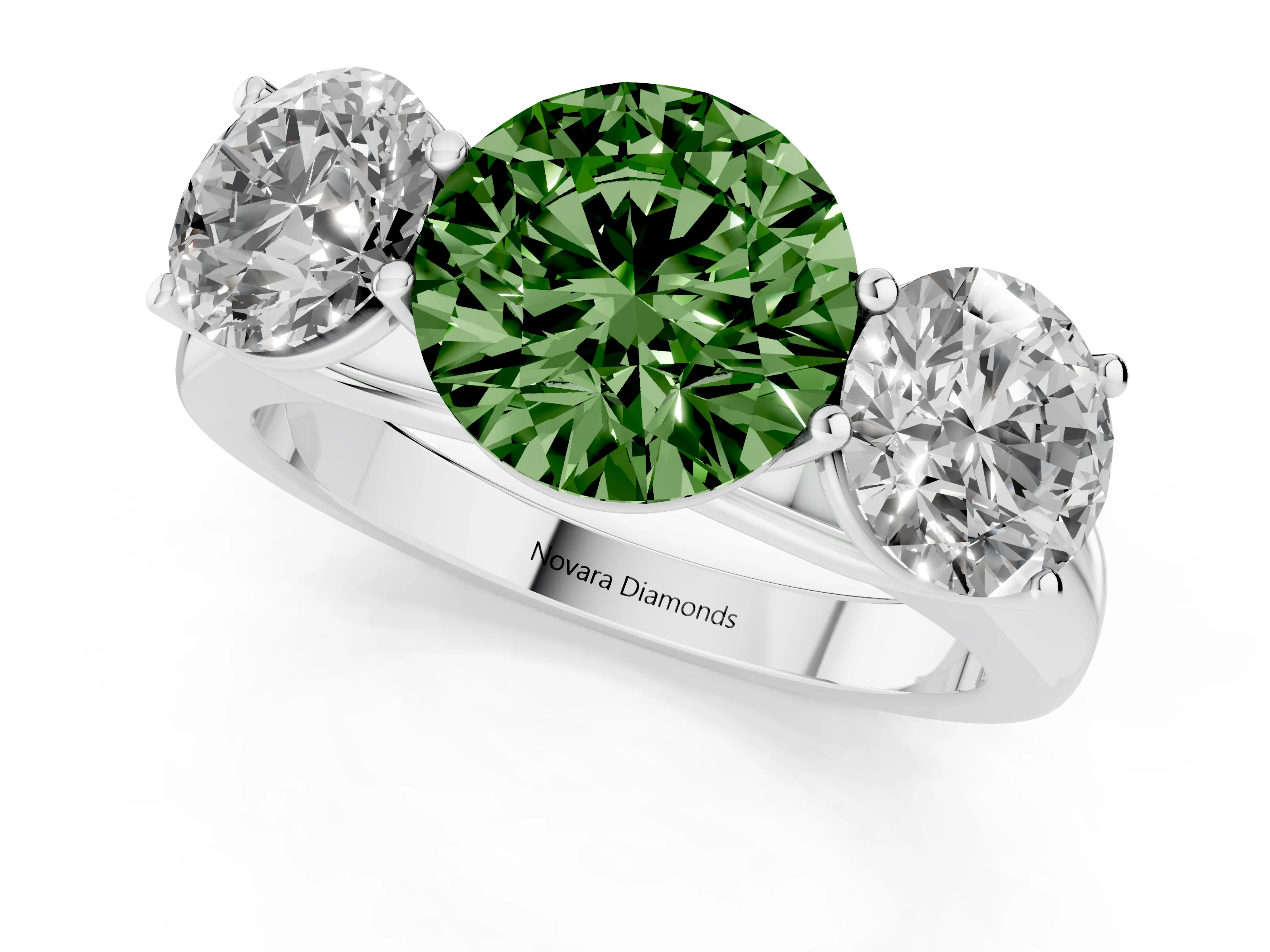 Fancy Green Round Cut Diamond Three-Stone Ring Set in Silver with Plain Polished Band