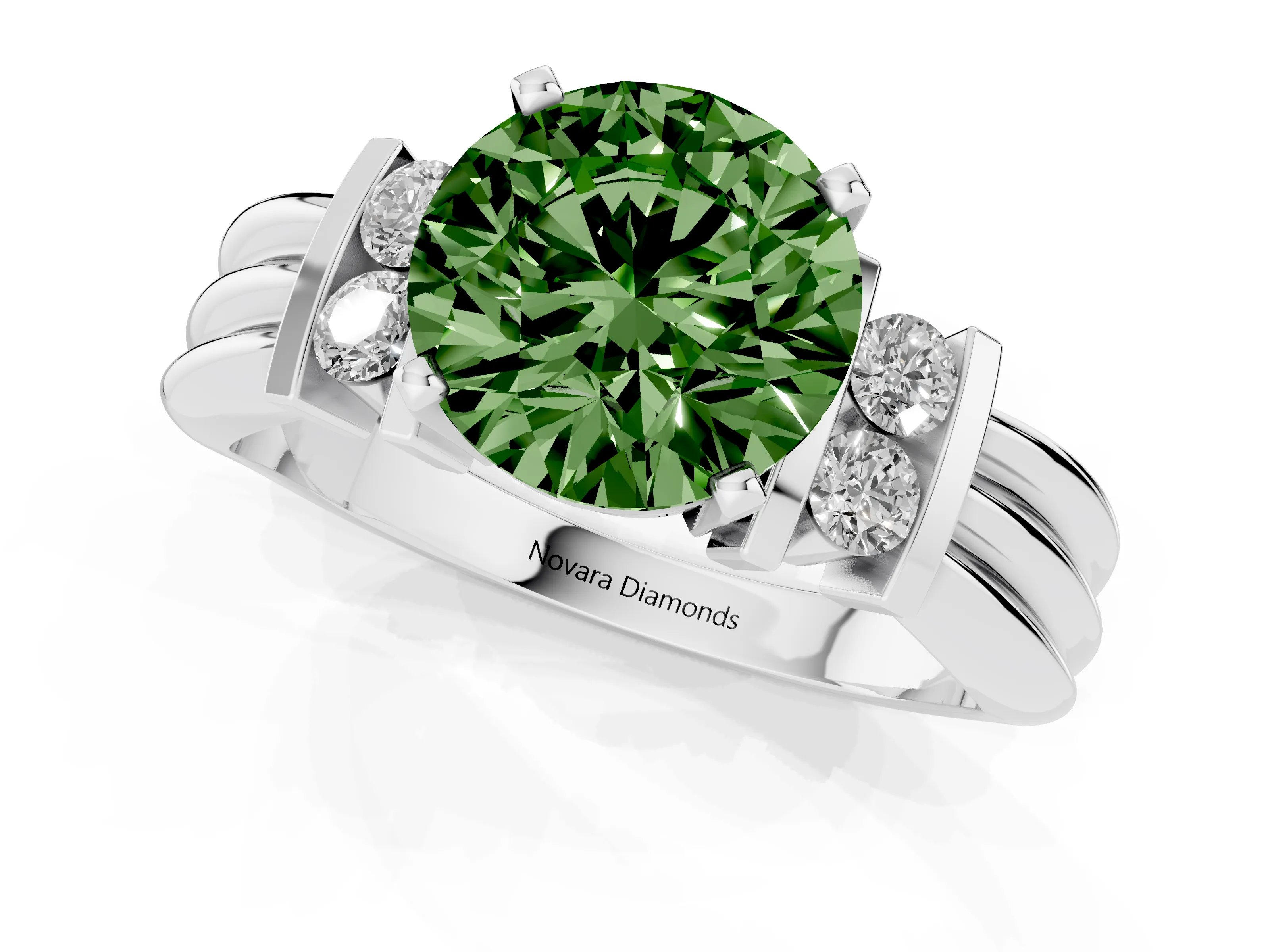 Fancy Green Three-Stone Round Cut Diamond Channel Set Ring Set in Platinum with Bar Prongs