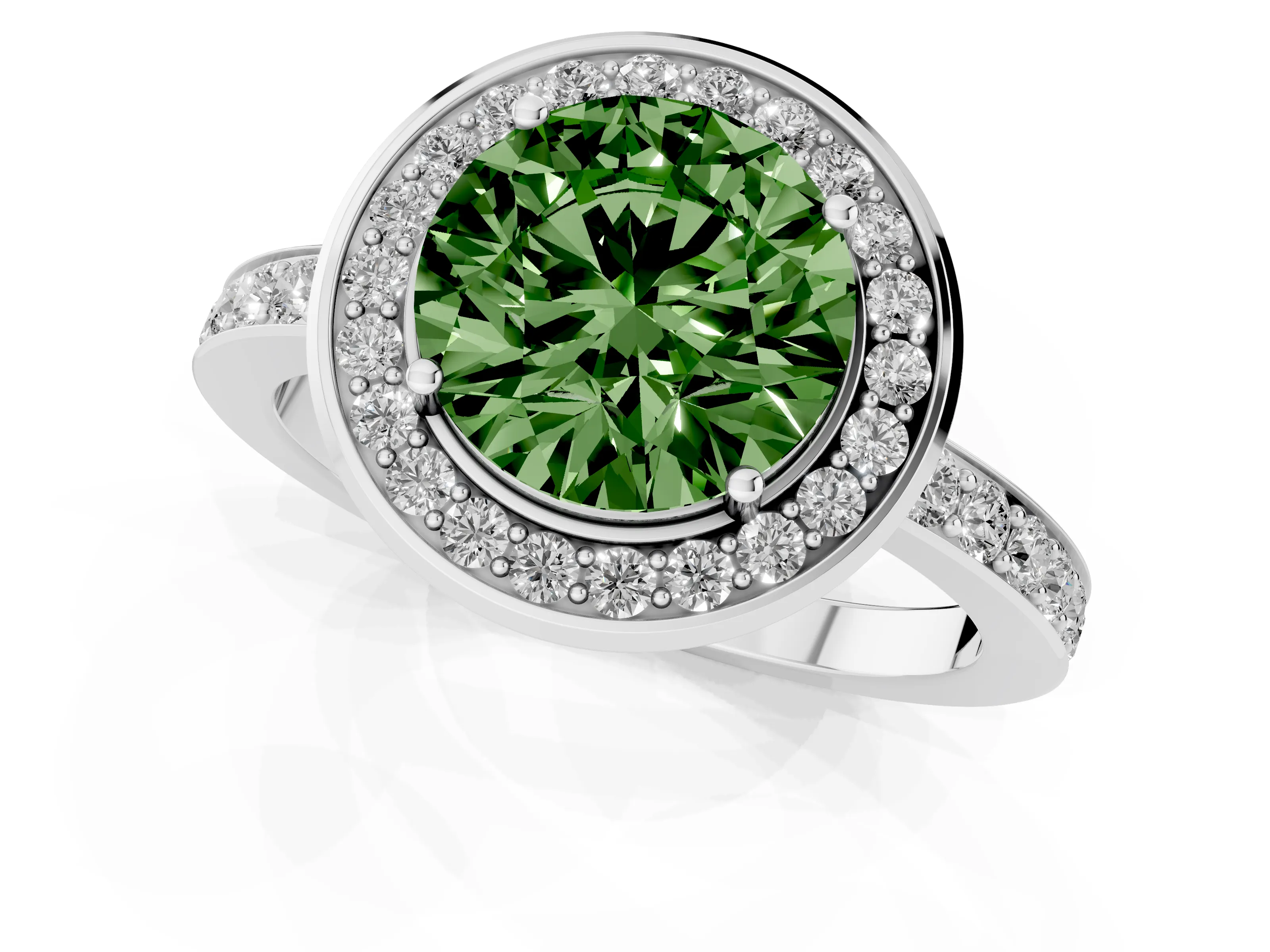 Fancy Green Round Cut Diamond Halo Ring Set in Silver with Bezel Frame and Pavé Band