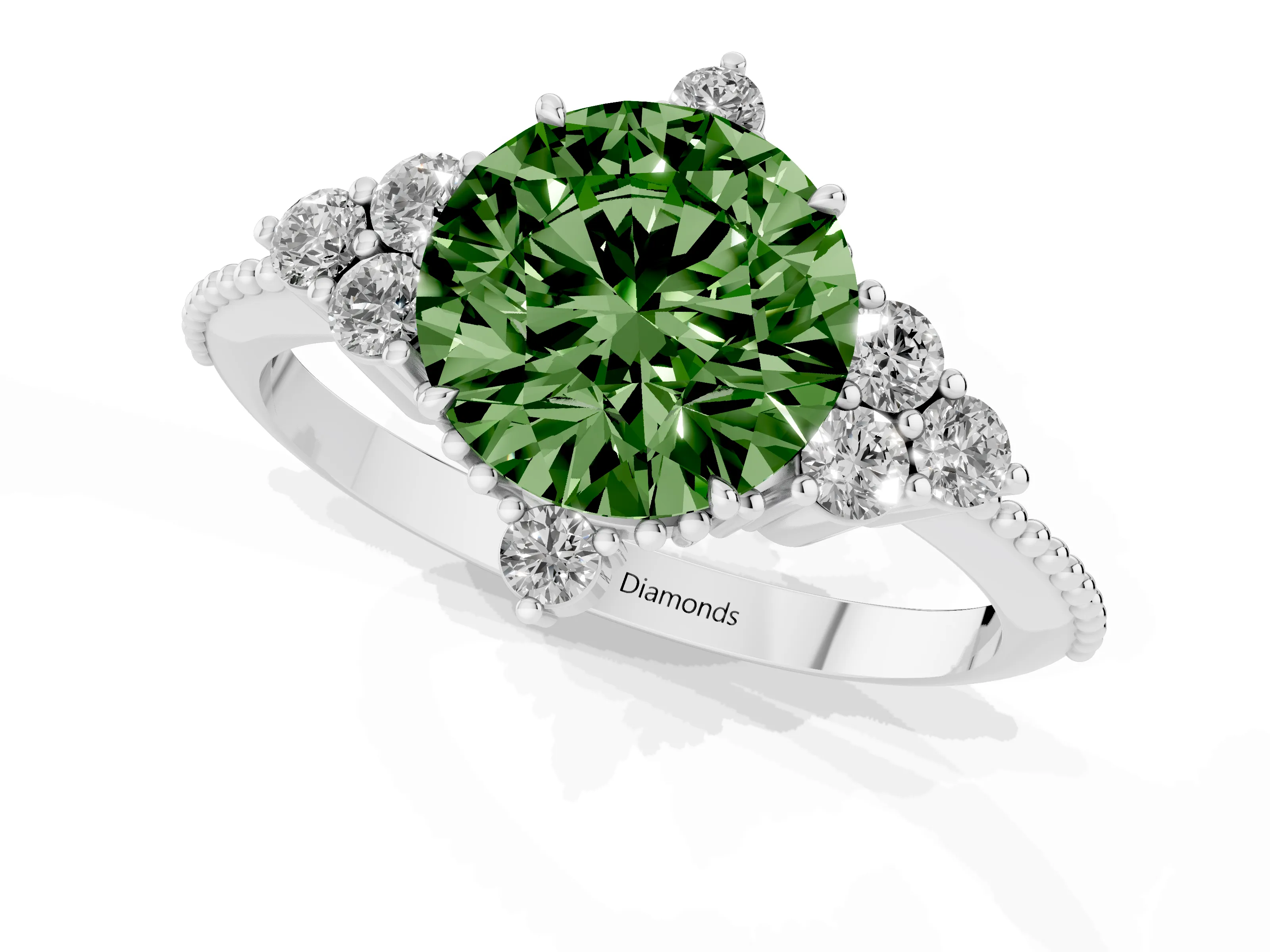 Fancy Green Round Cut Diamond Cluster Ring Set in Silver with Beaded Band
