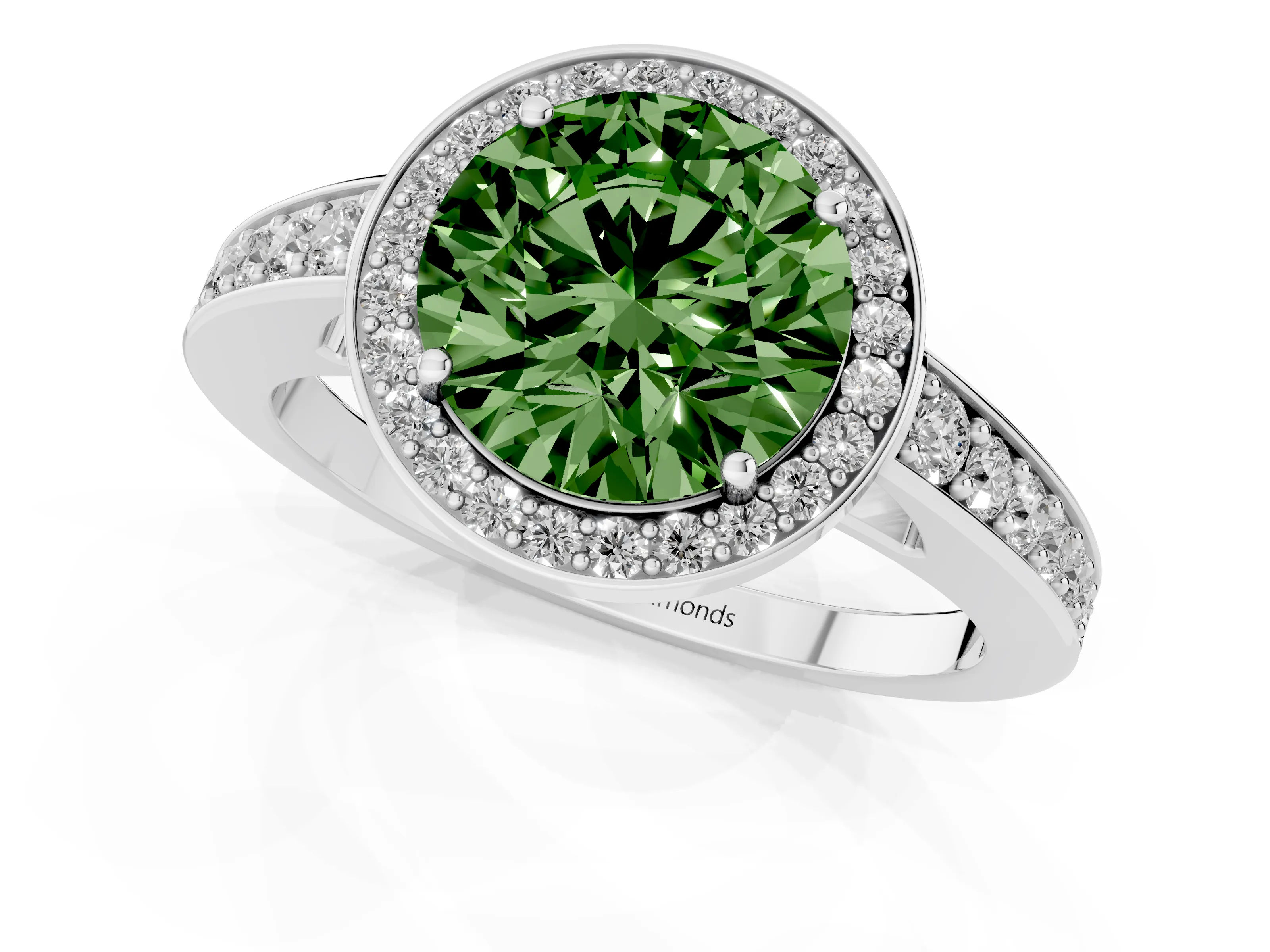 Fancy Green Round Cut Diamond Halo Pavé Engagement Ring Set in Silver with Bezel Setting