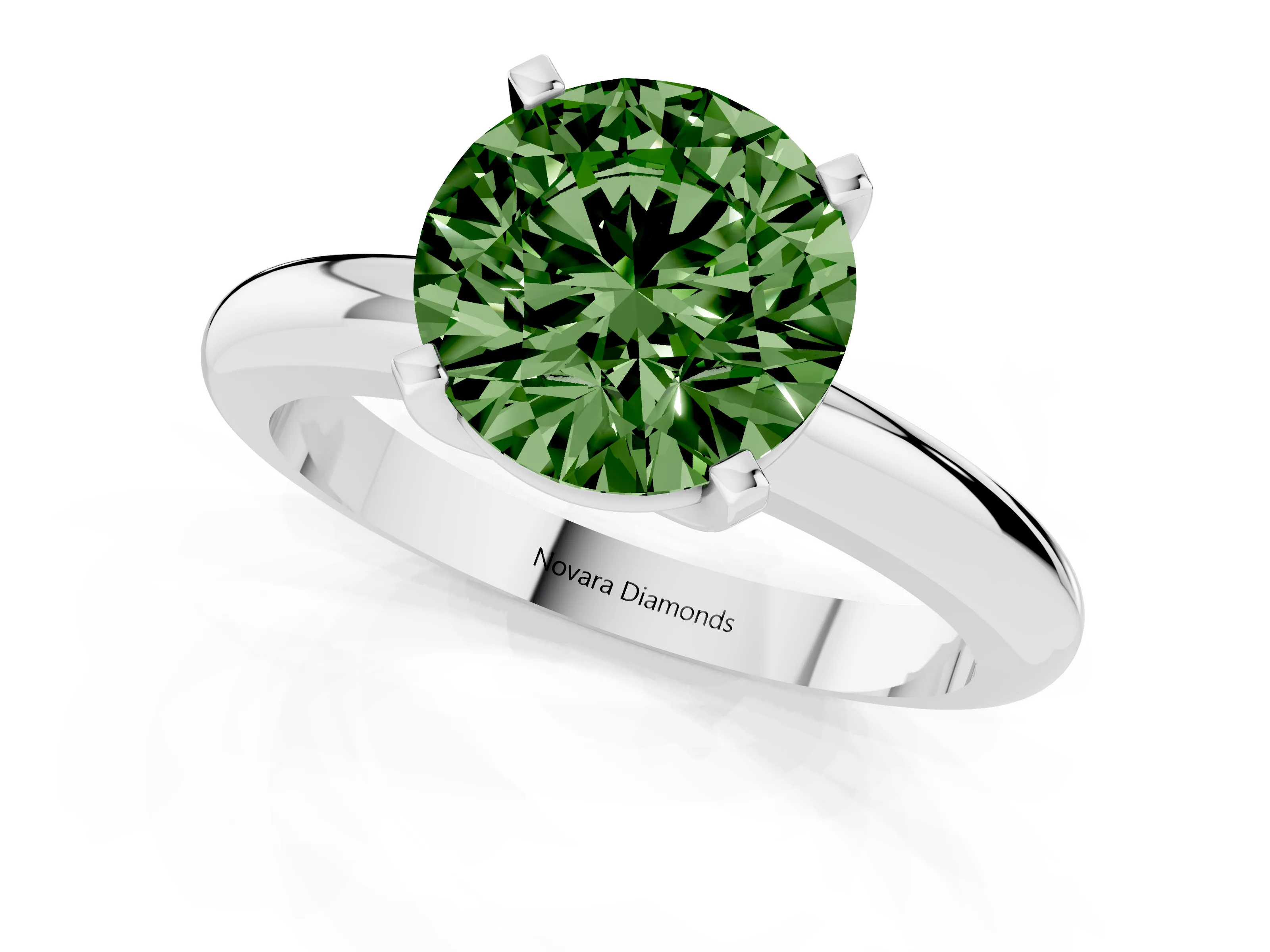Fancy Green Round Cut Diamond Solitaire Engagement Ring Set in Platinum with Round Band and Prong Setting