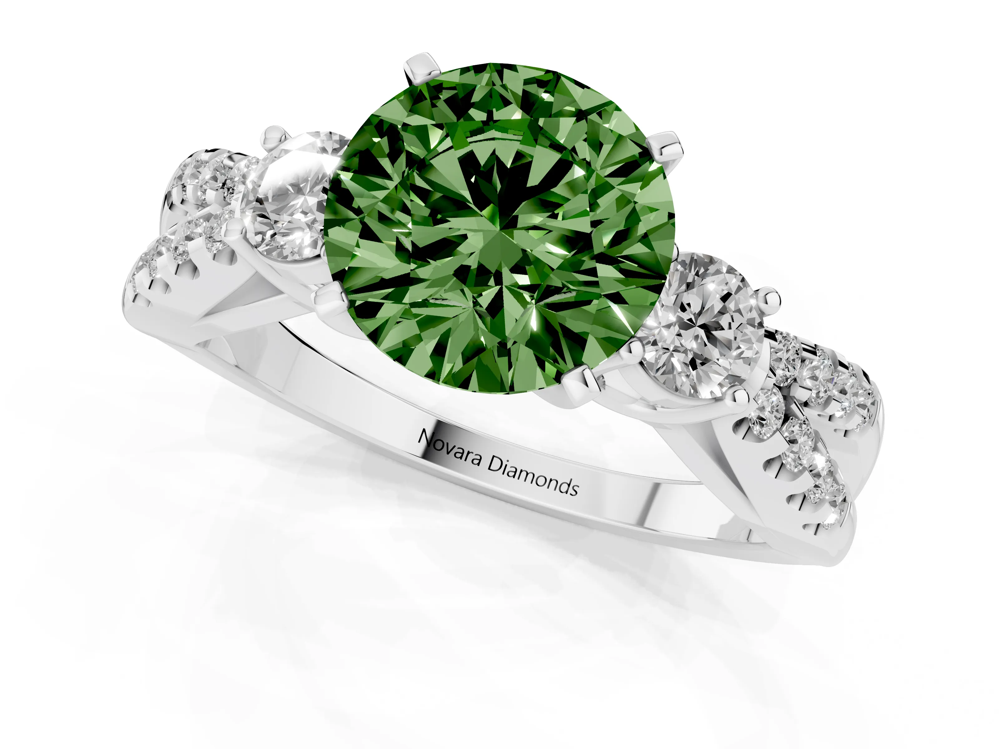 Fancy Green Round Cut Diamond Three-Stone Ring Set in Platinum with Pavé Split Shank and Prong Setting