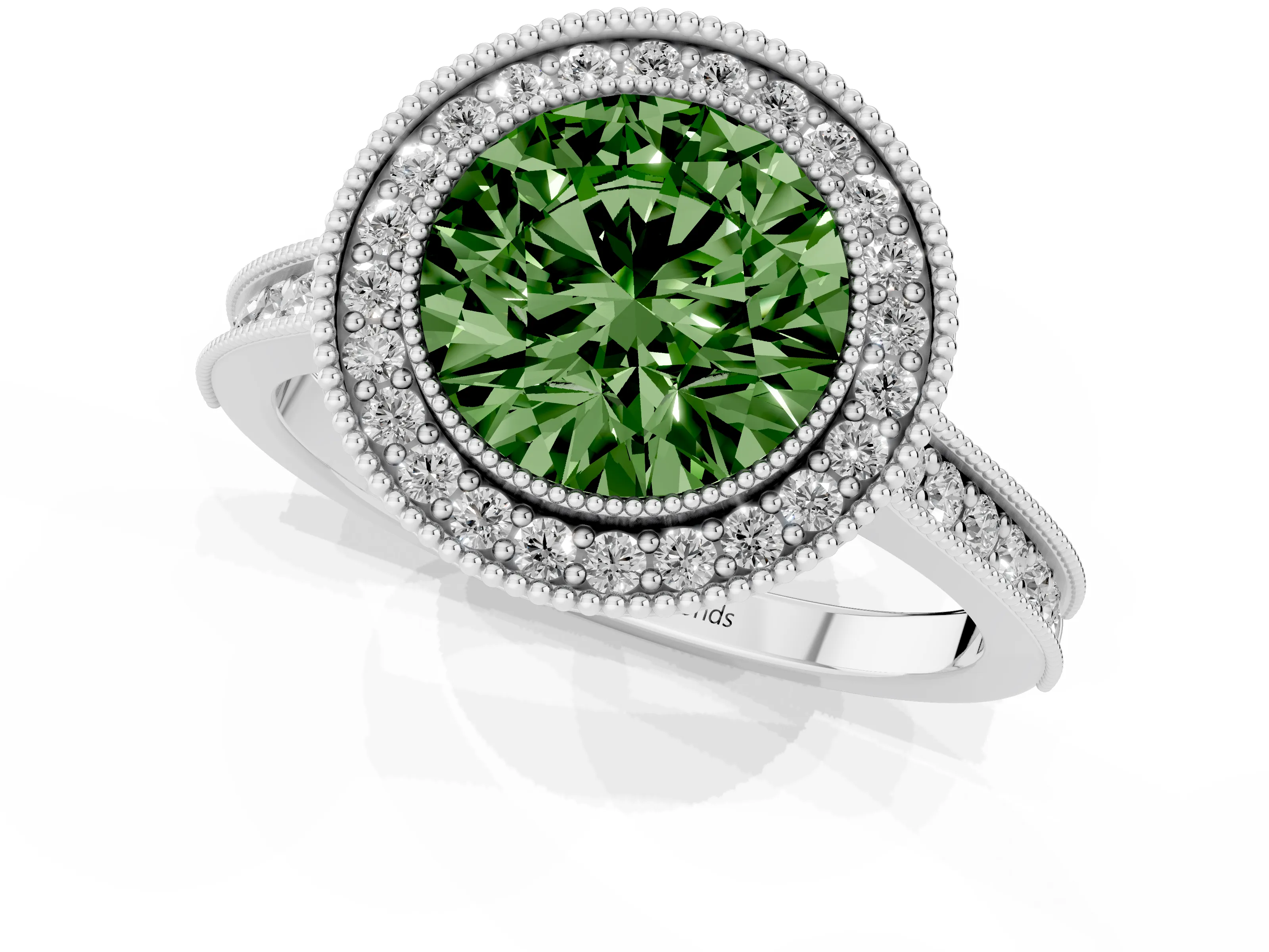 Fancy Green Round Cut Diamond Halo Milgrain Pavé Band Ring Set in Platinum with Prong Setting