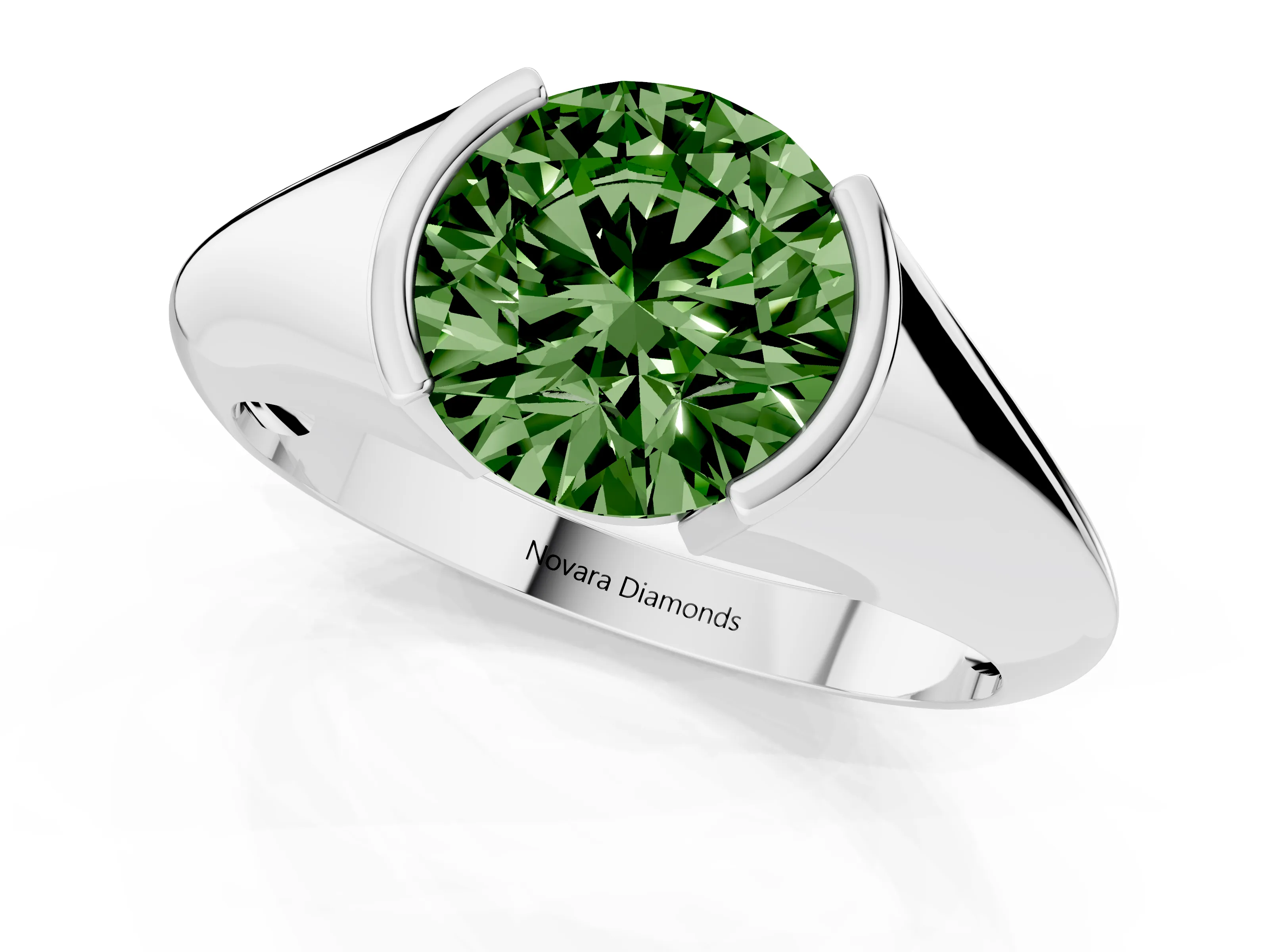 Fancy Green Round Cut Diamond Solitaire Tension Set Ring Set in Silver