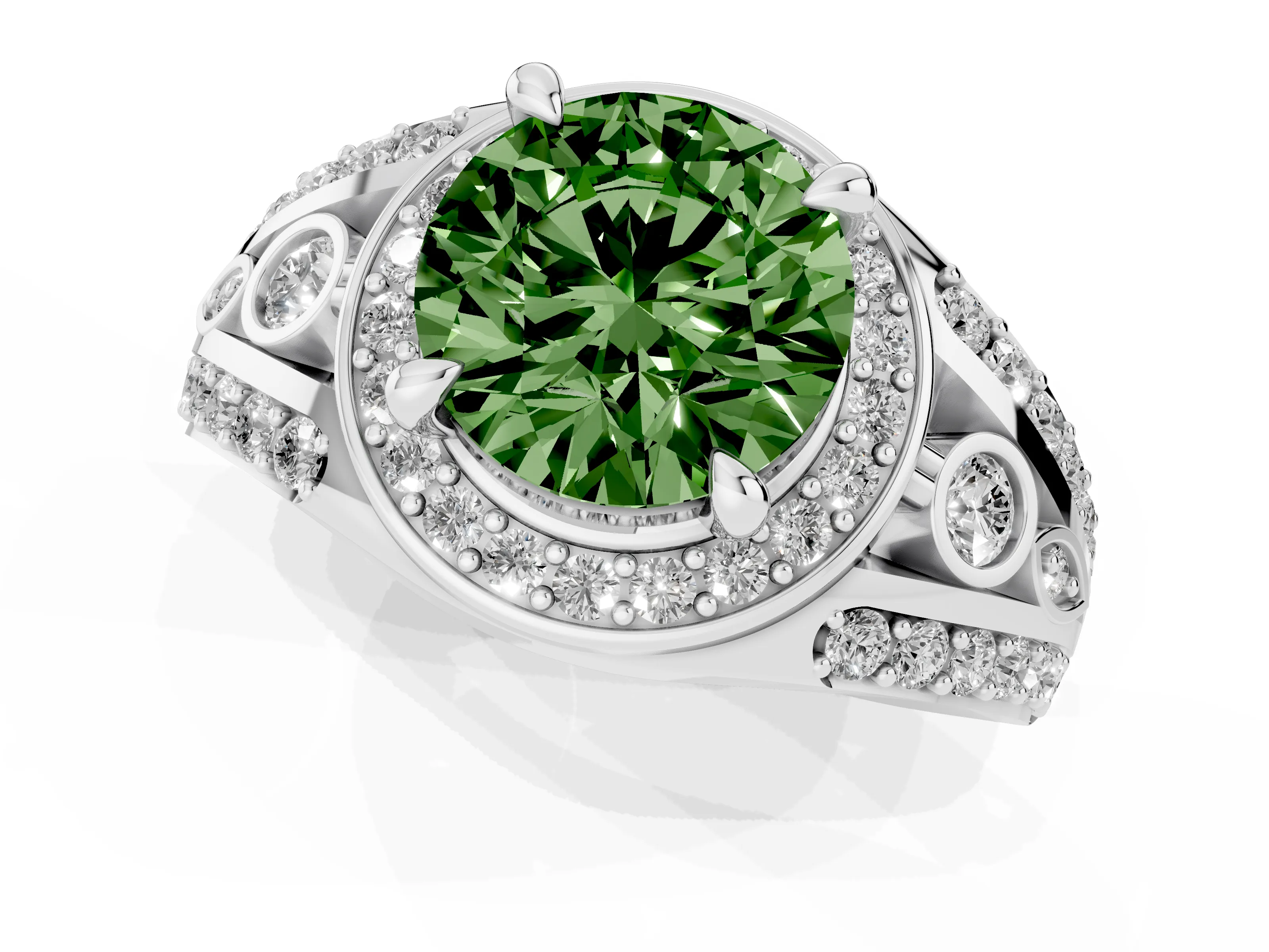 Fancy Green Round Cut Diamond Halo Ring Set in Silver with Pavé Split Shank and Bezel Accents