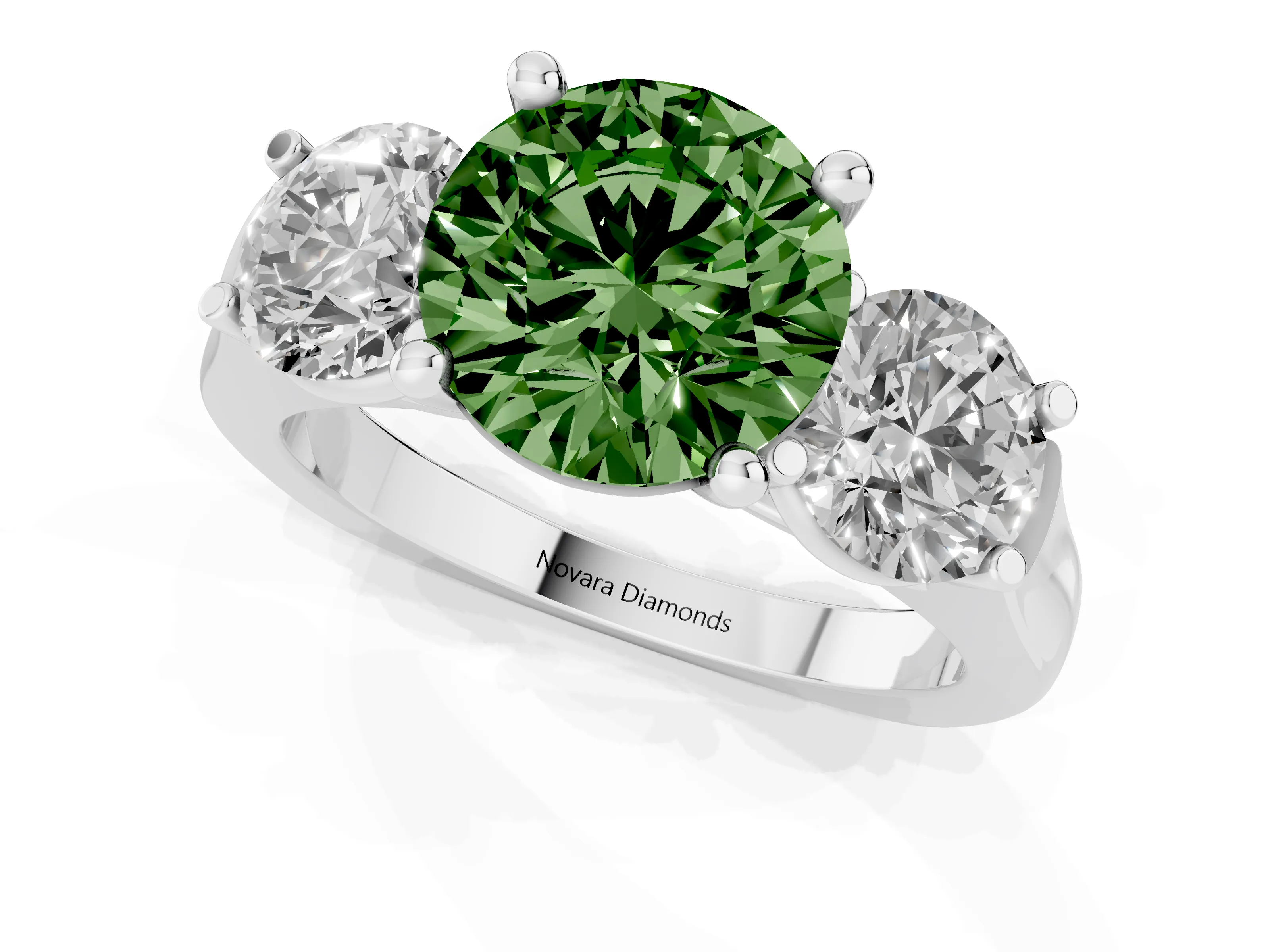 Fancy Green Round Cut Diamond Three-Stone Trellis Ring Set in Platinum with Comfort Fit Band