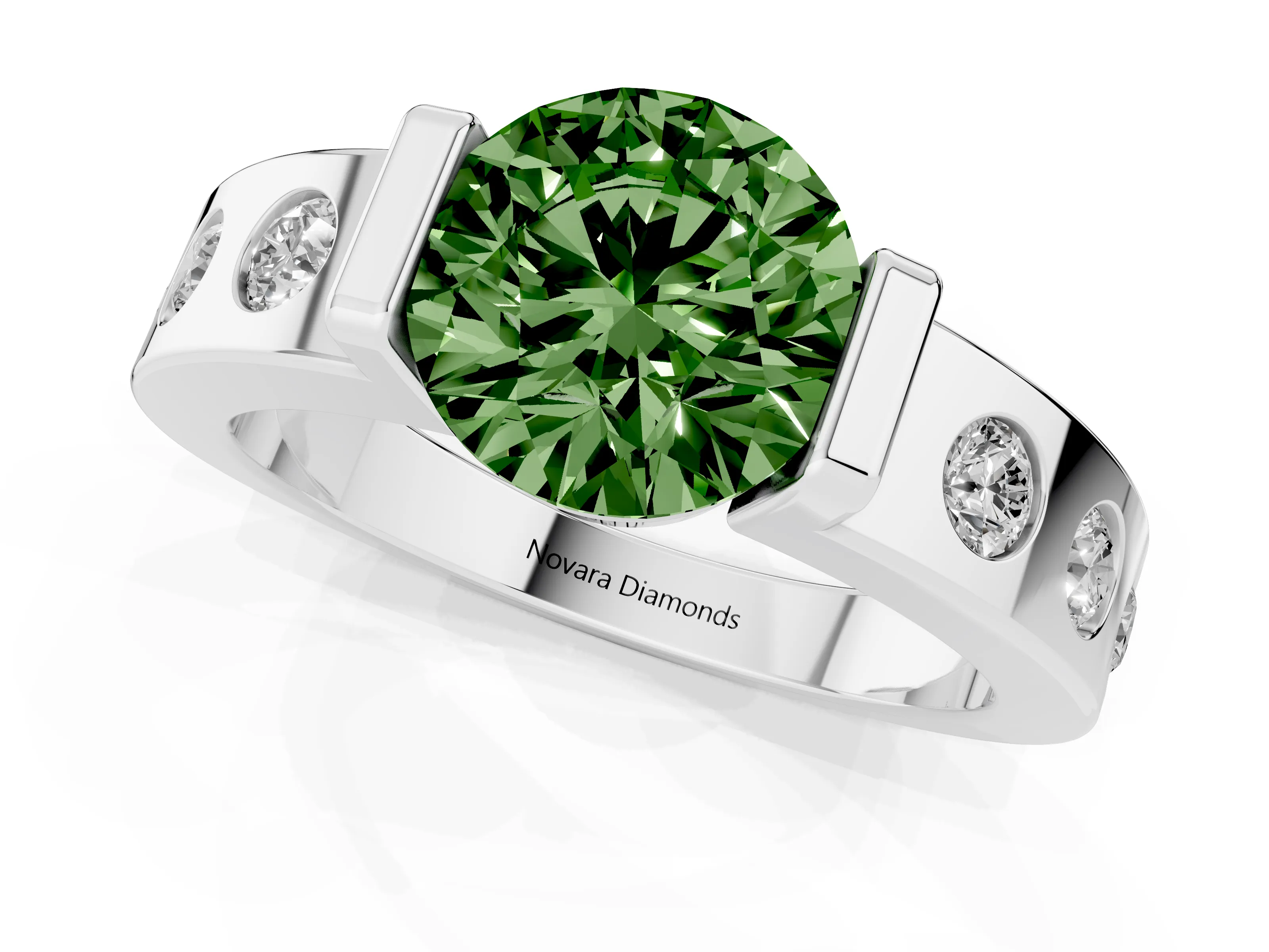 Fancy Green Round Cut Diamond Channel-Set Band Ring Set in Silver with Bezel Prong Setting