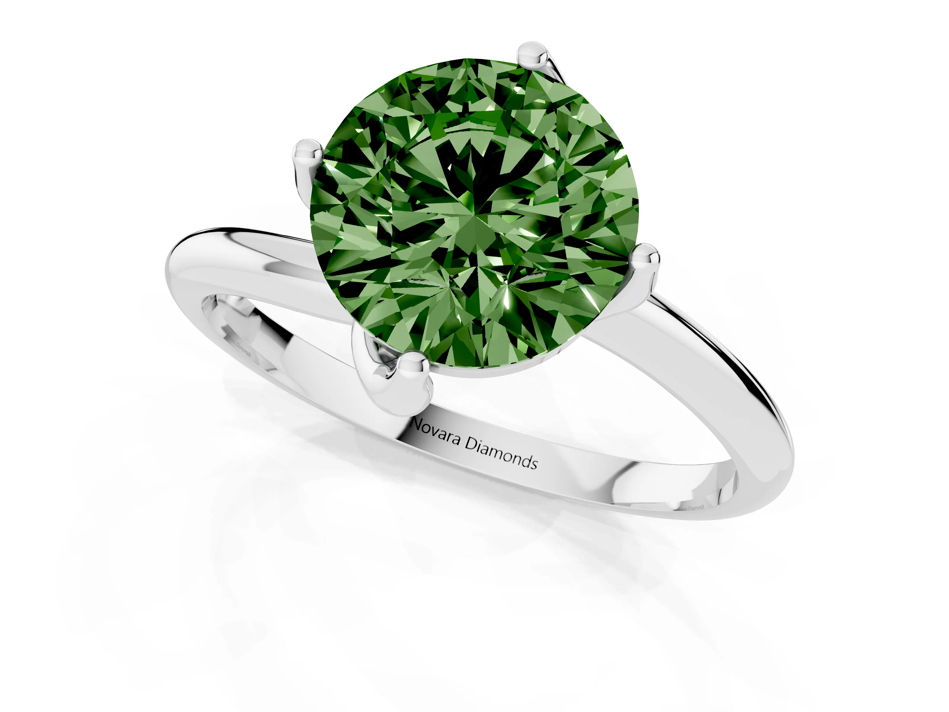 Fancy Green Round Cut Diamond Solitaire Engagement Ring Set in Silver with Classic Plain Band