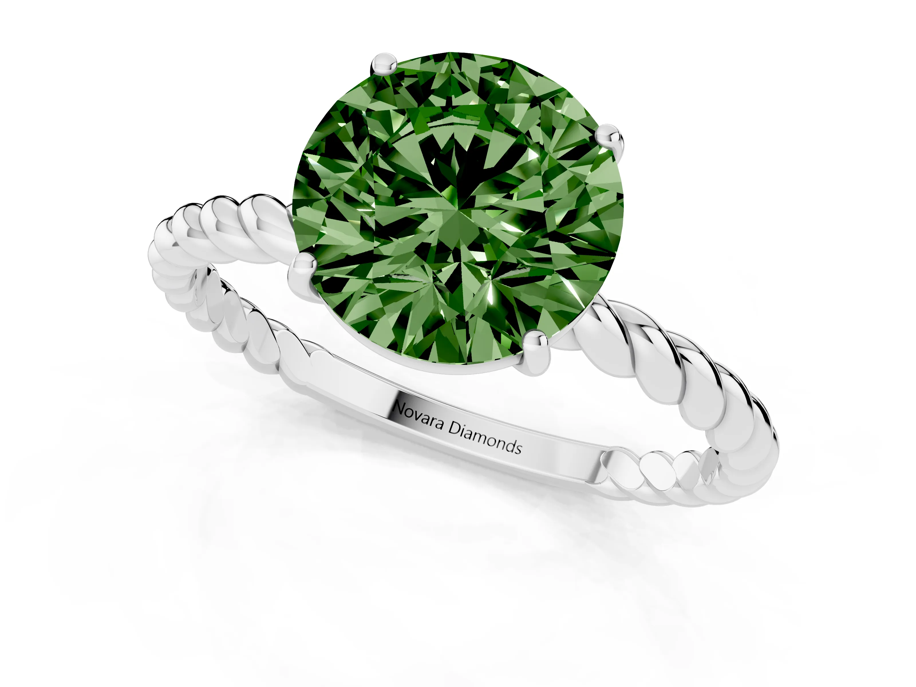 Fancy Green Round Cut Diamond Solitaire Ring Set in White gold with Twist Band and Prong Setting
