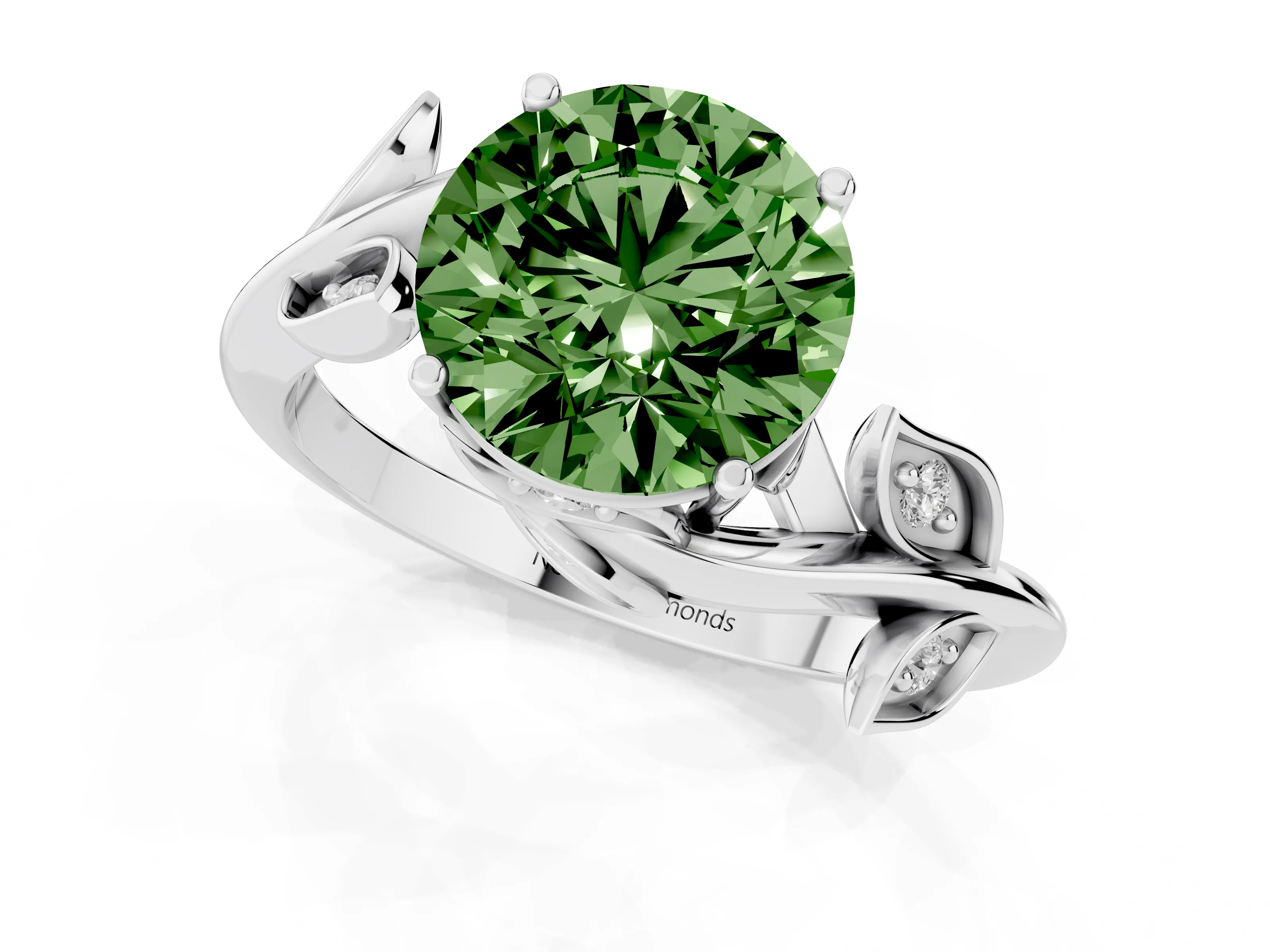 Fancy Green Round Cut Diamond Solitaire Twist Engagement Ring Set in Silver with Pavé Leaf Accents