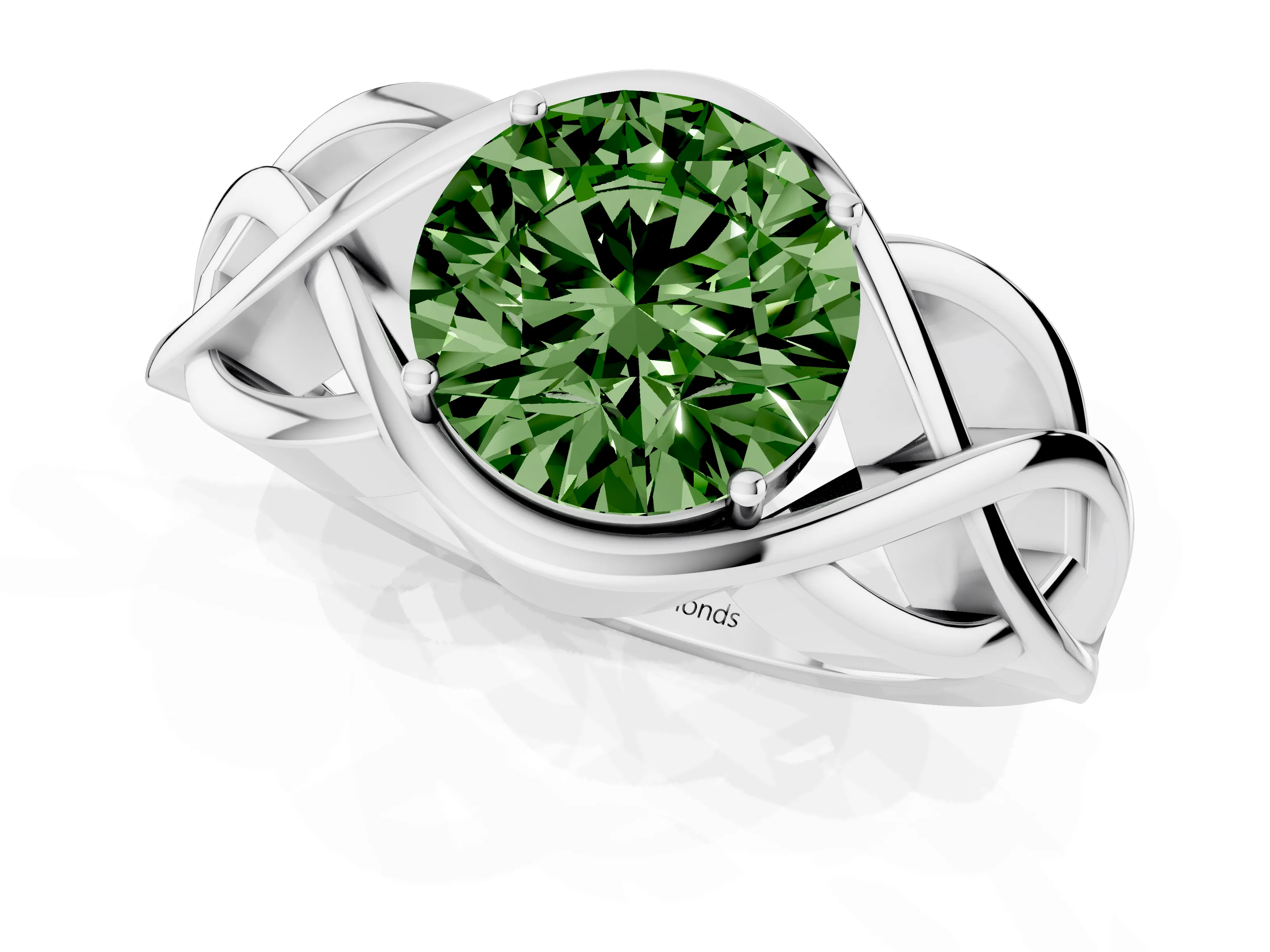 Fancy Green Round Cut Diamond Solitaire Ring Set in White gold with Intertwined Band