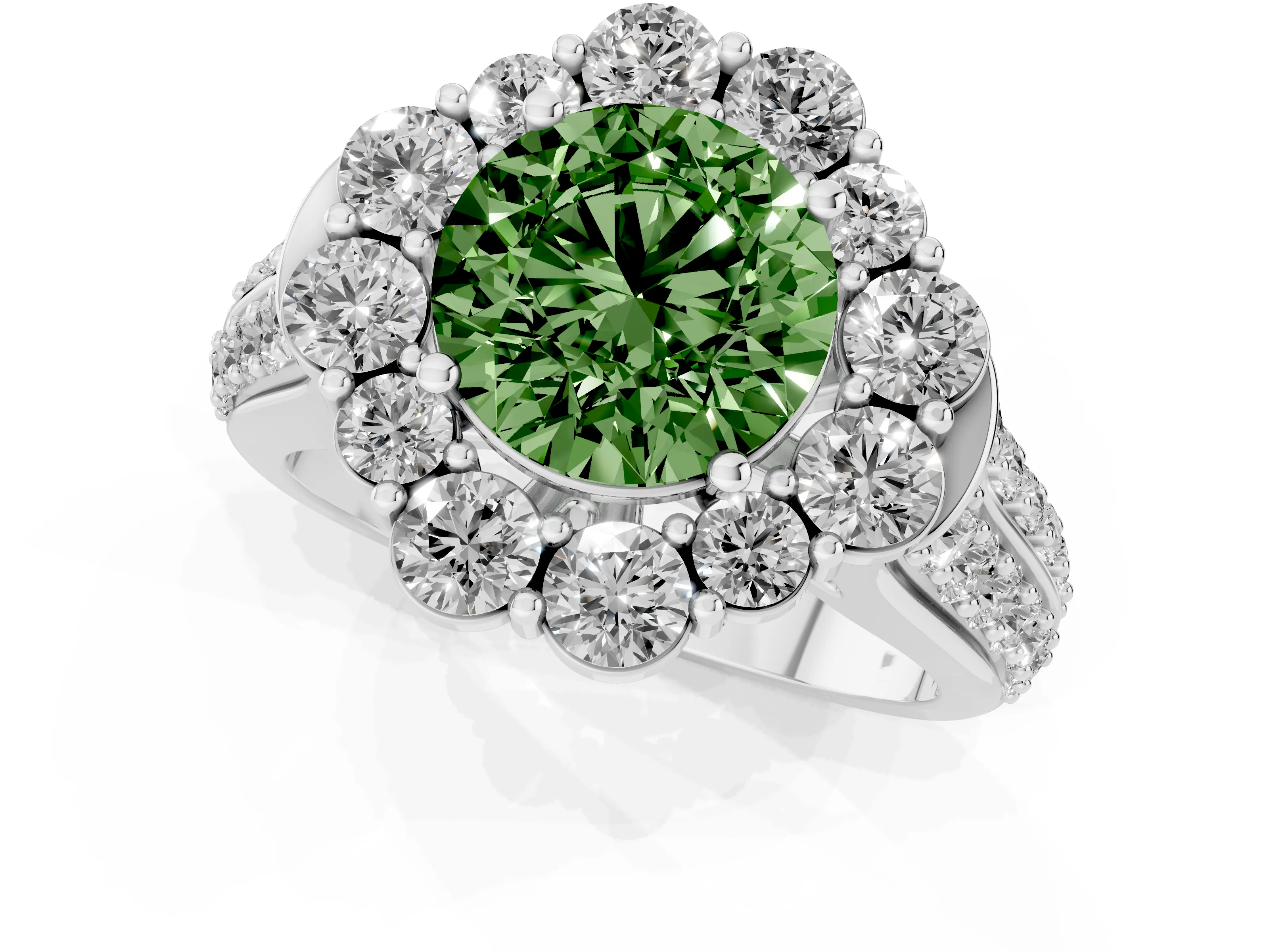 Fancy Green Round Cut Diamond Halo Engagement Ring Set in White gold with Split Shank and Prong Setting