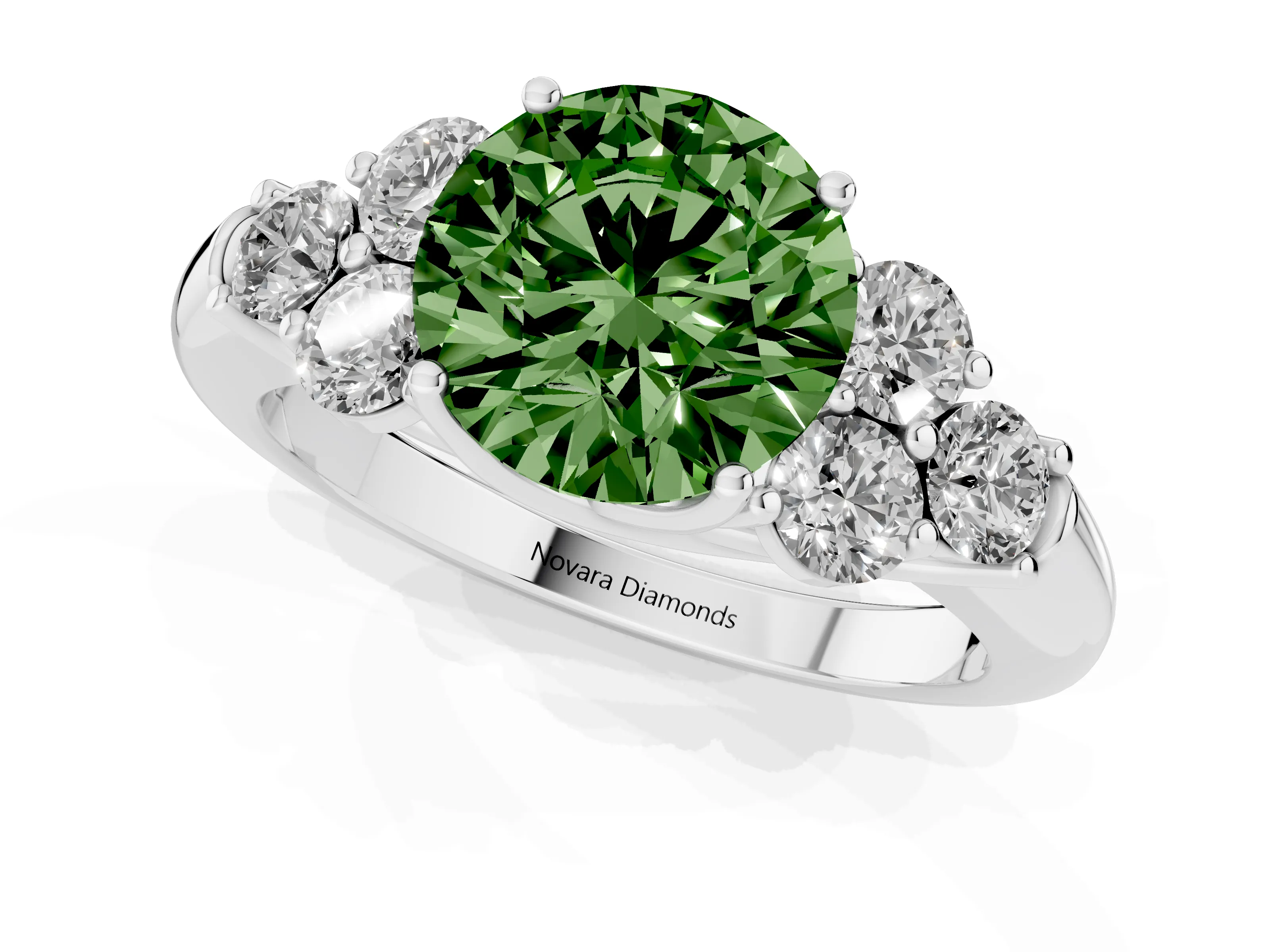 Fancy Green Round Cut Diamond Cluster Ring Set in Platinum with Round Accent Stones and Prong Setting on a Plain Band