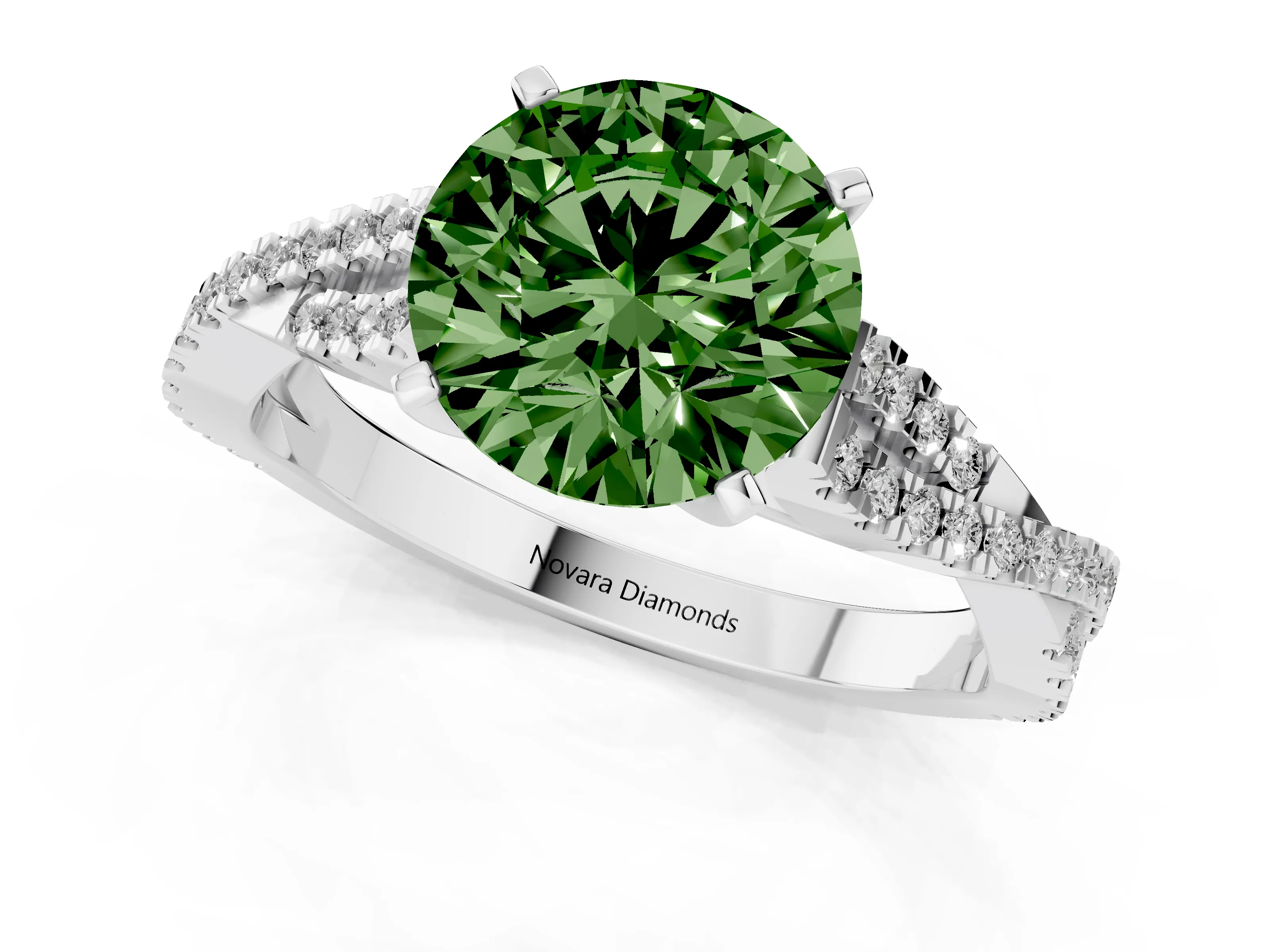 Fancy Green Round Cut Diamond Solitaire Engagement Ring Set in Platinum with Twisted Pavé Band and Prong Setting