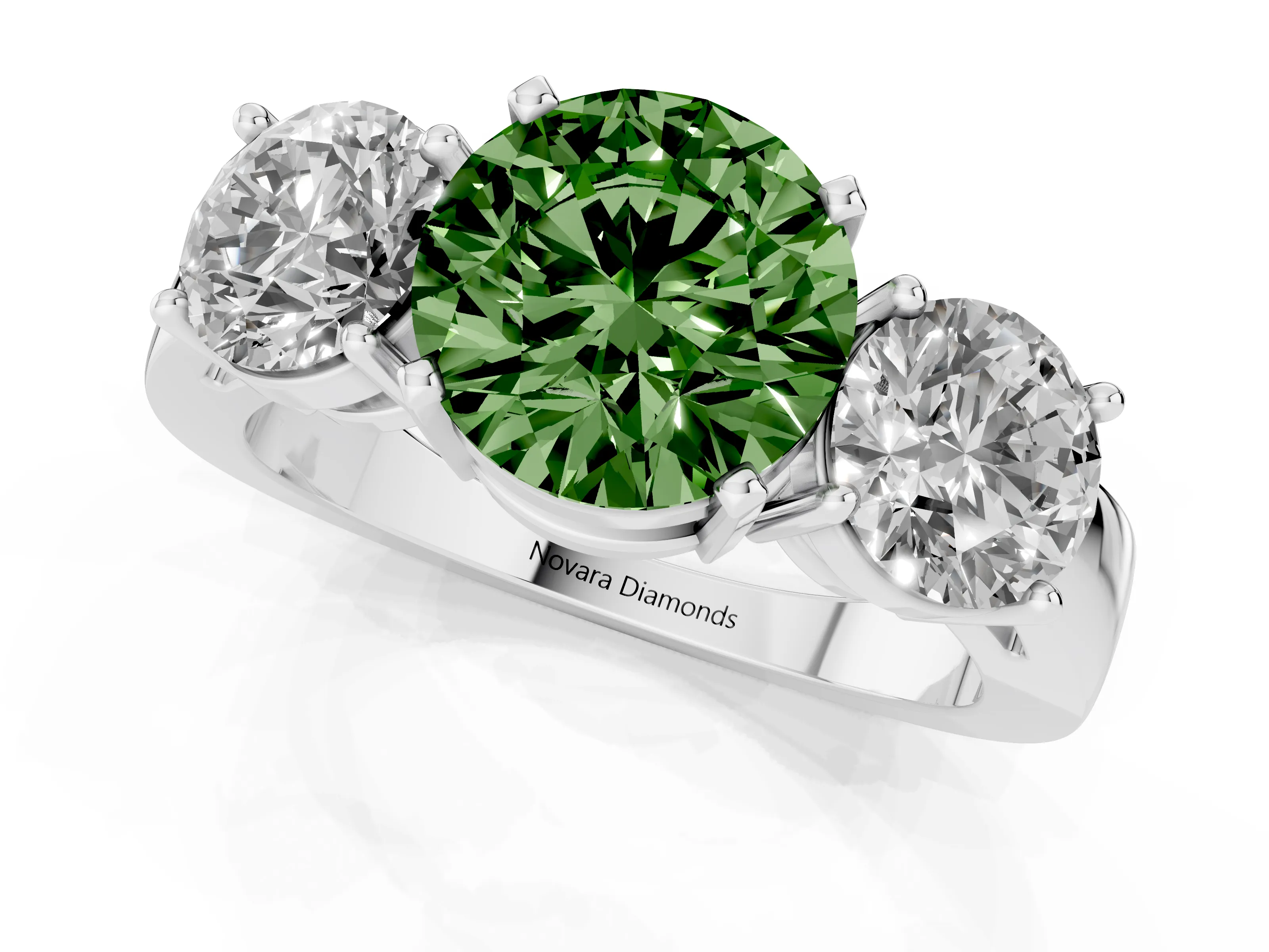 Fancy Green Round Cut Diamond Three-Stone Ring Set in Silver with Round Side Stones and Classic Band
