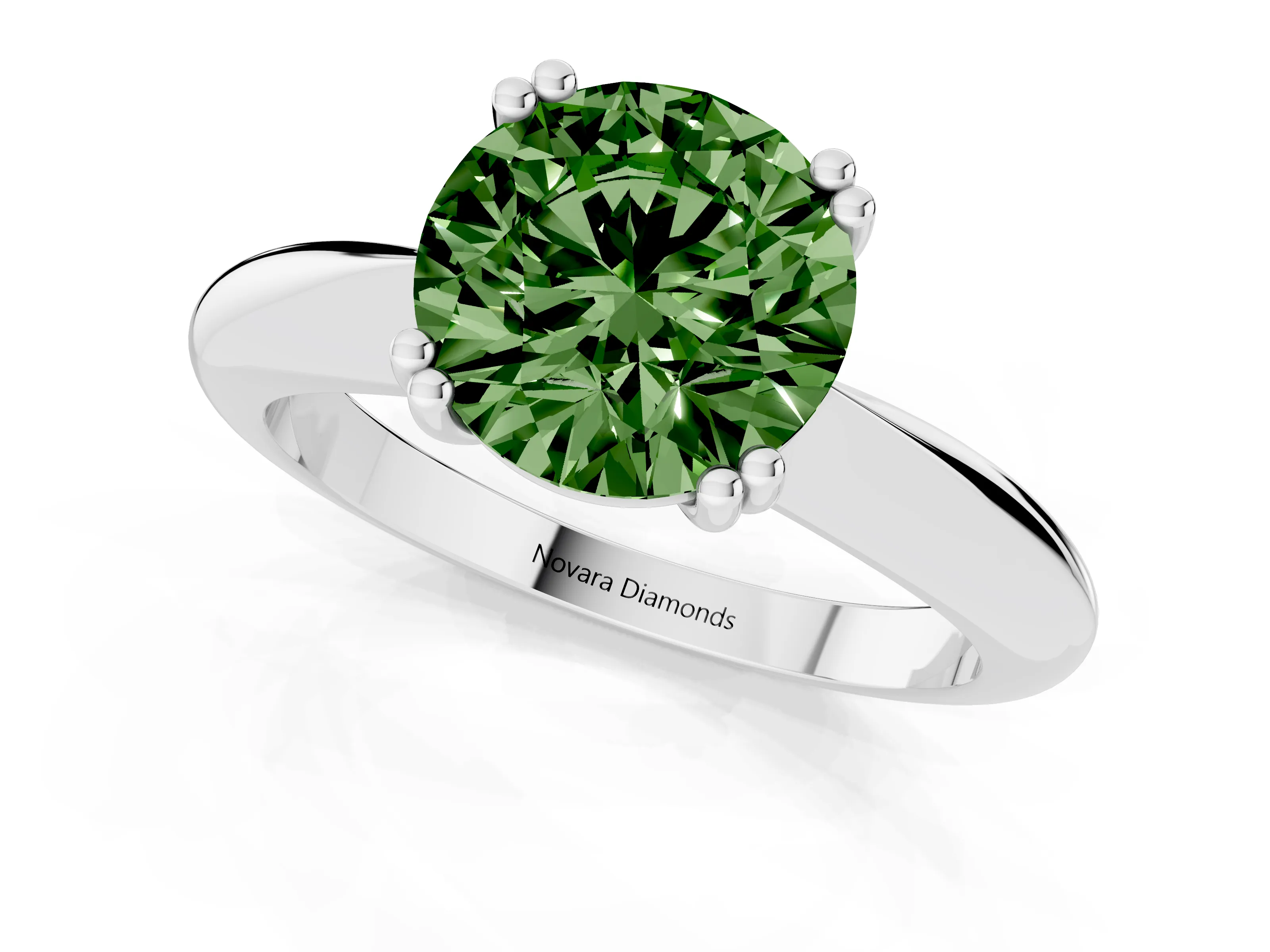 Fancy Green Round Cut Diamond Solitaire Engagement Ring Set in Silver with Tapered Band and Prong Setting