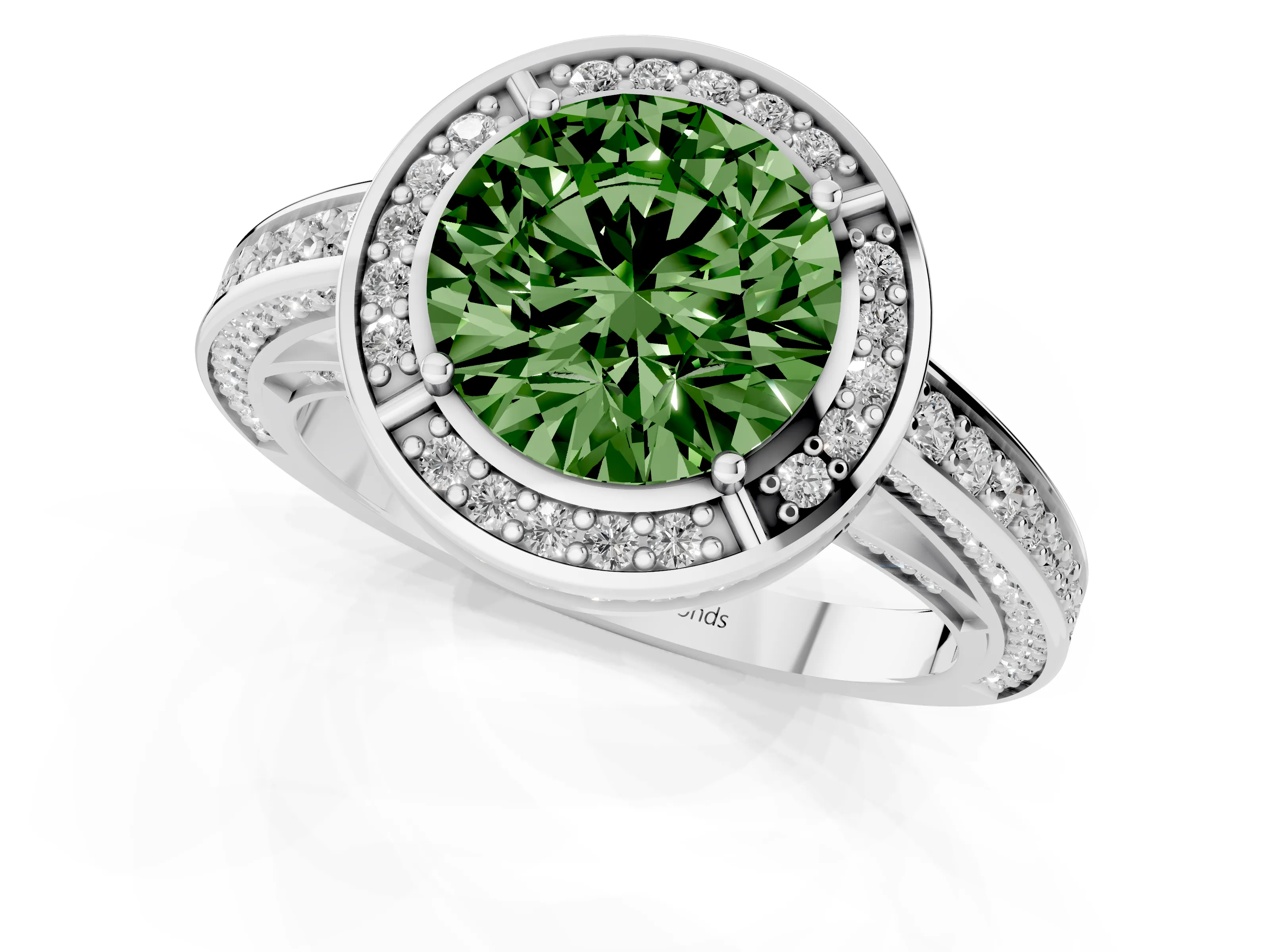 Fancy Green Round Cut Diamond Halo Pavé Split Shank Ring Set in White gold with Prong Setting