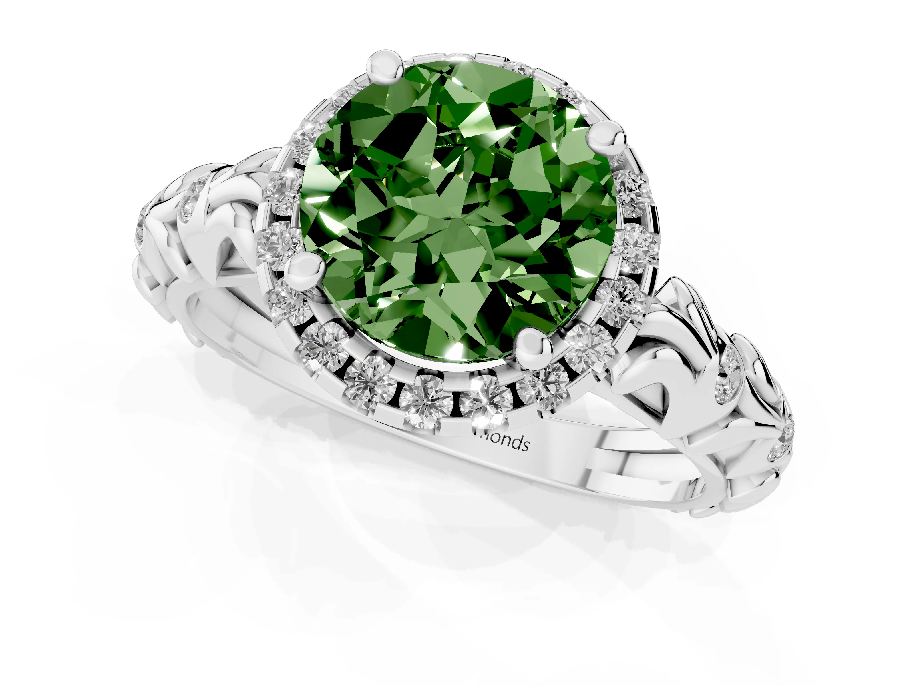 Fancy Green Round Cut Diamond Halo Ring Set in Platinum with Filigree Leaf Band and Prong Setting