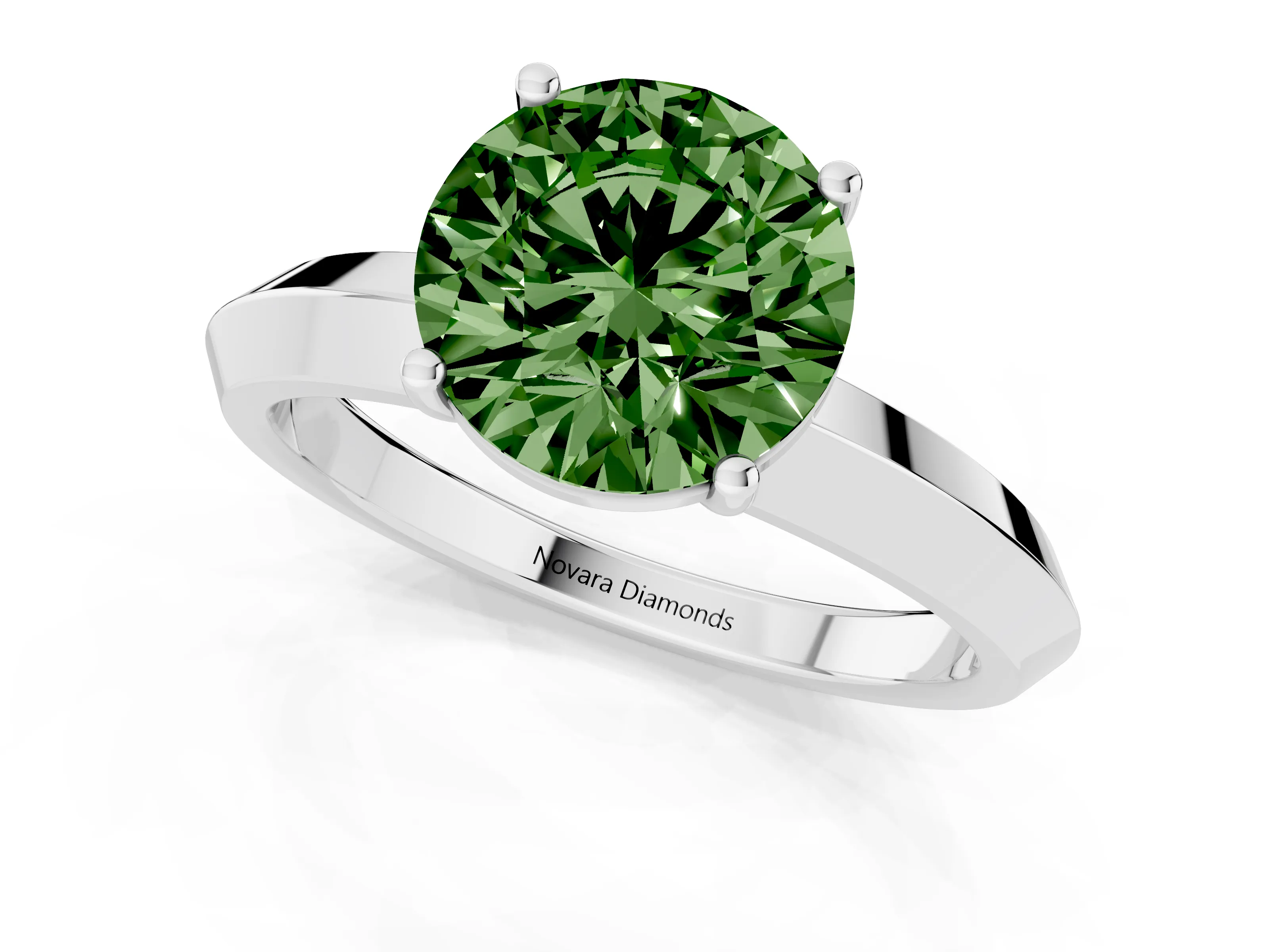 Fancy Green Round Cut Diamond Solitaire Engagement Ring Set in White gold with Flat Band and Prong Setting