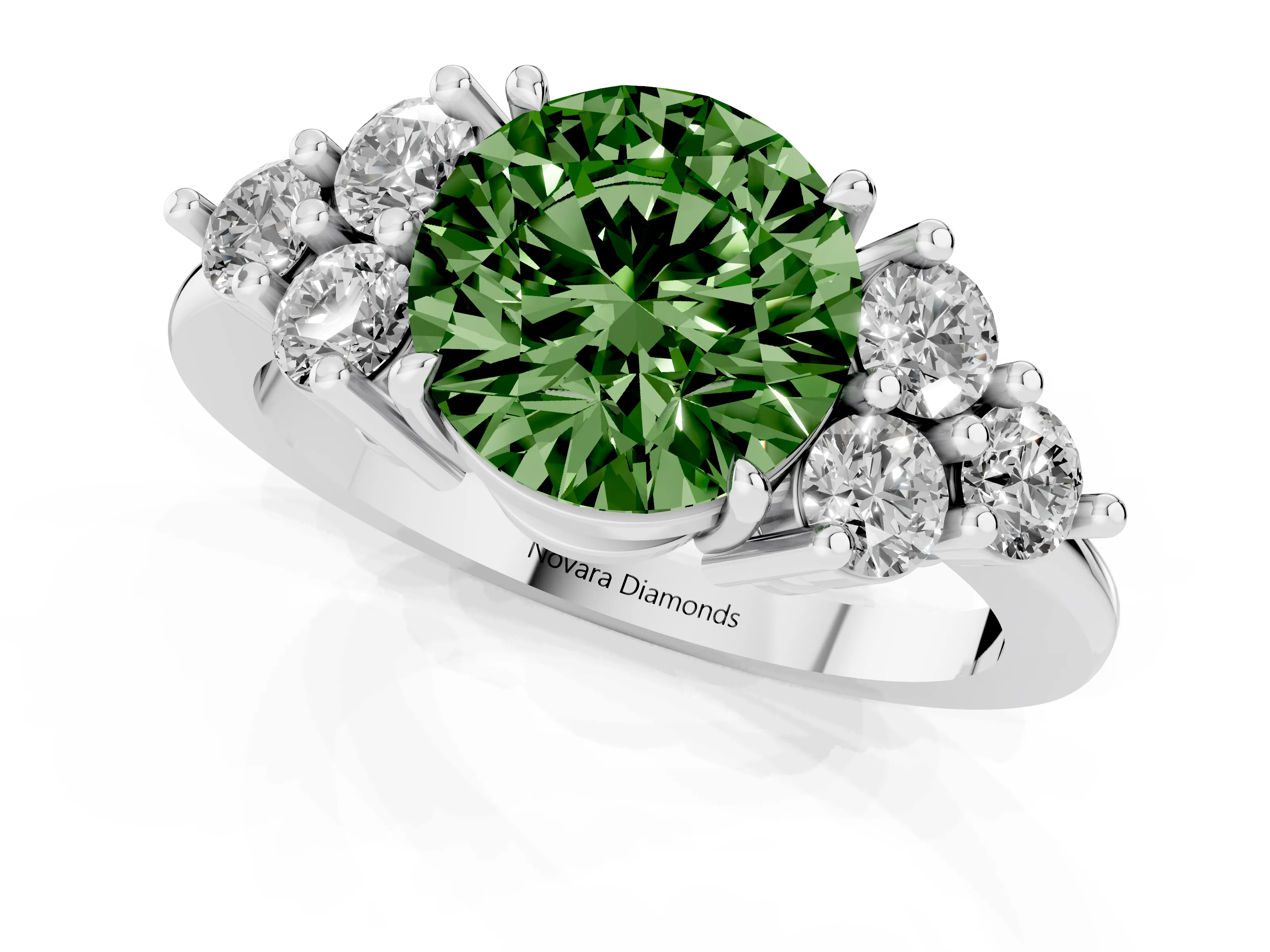 Fancy Green Round Cut Diamond Solitaire Ring Set in Silver with Cluster Accents on Each Side
