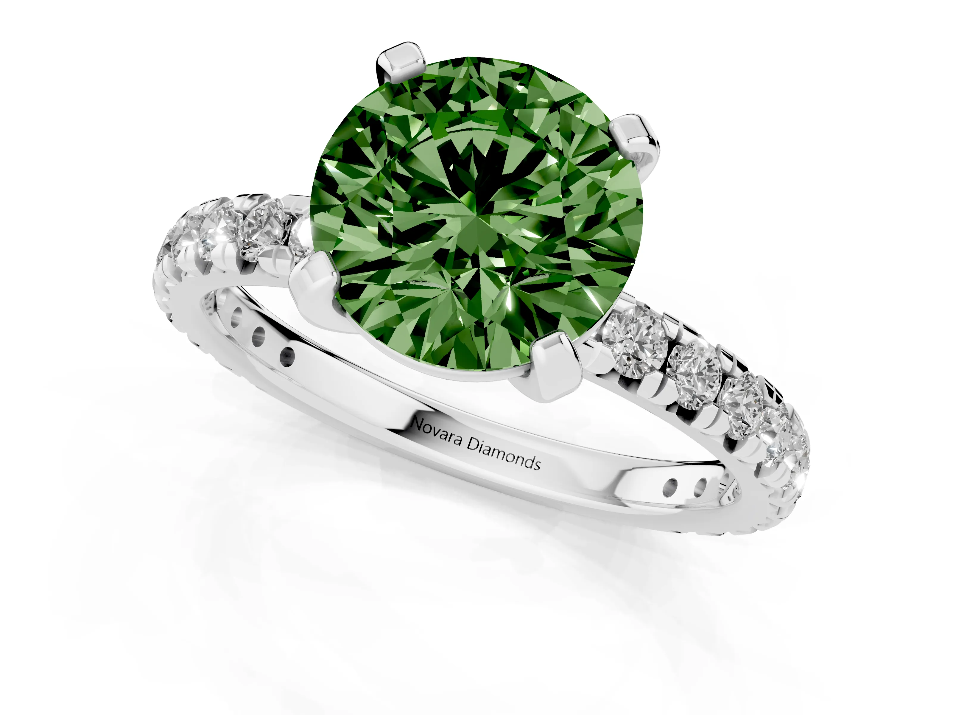 Fancy Green Round Cut Diamond Pavé Solitaire Ring Set in Silver with Round Band and Prong Setting – second view