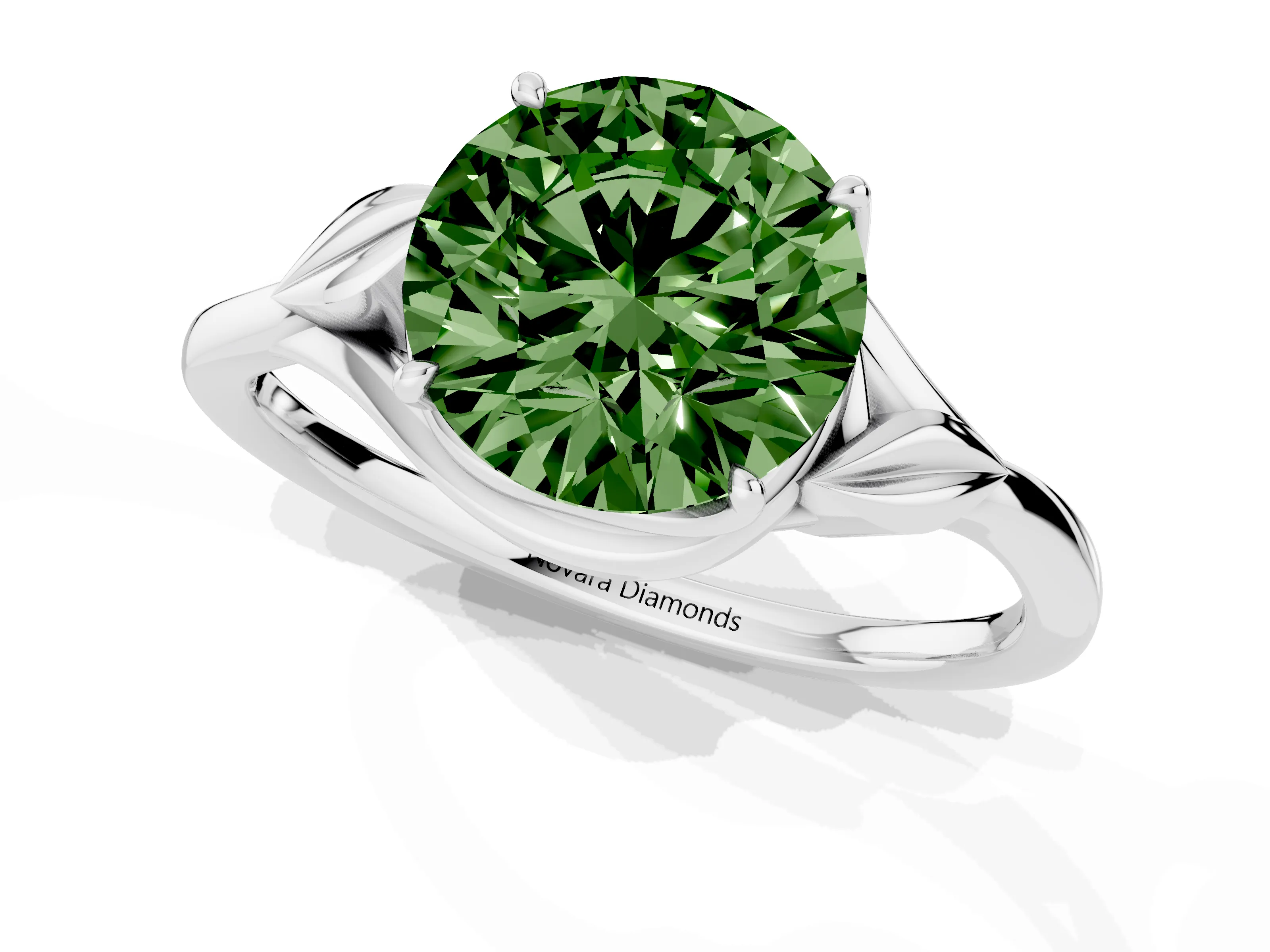 Fancy Green Round Cut Diamond Solitaire Ring Set in White gold with Polished Twist Band