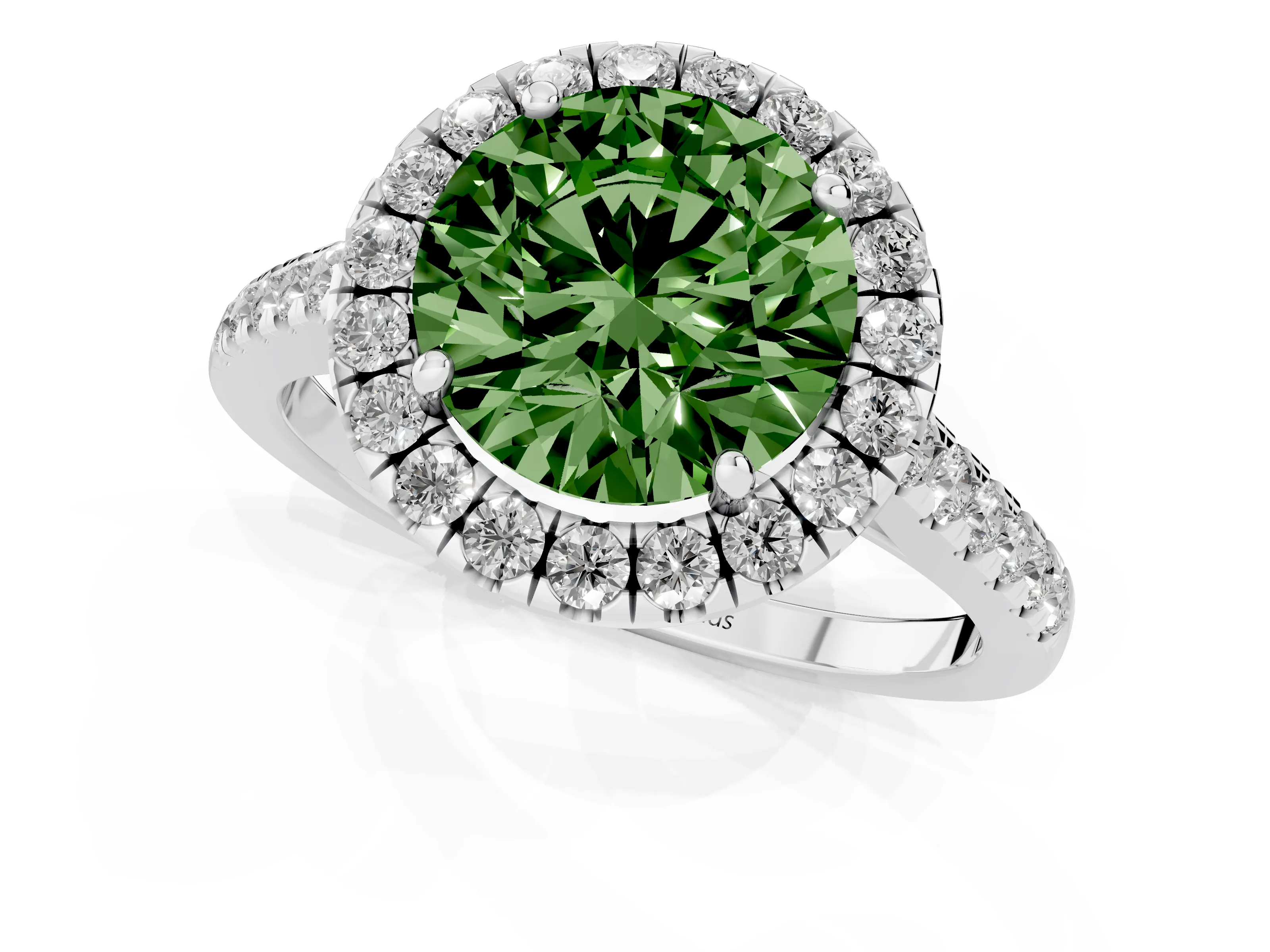 Fancy Green Round Cut Diamond Halo Pavé Engagement Ring Set in White gold with Prong Setting