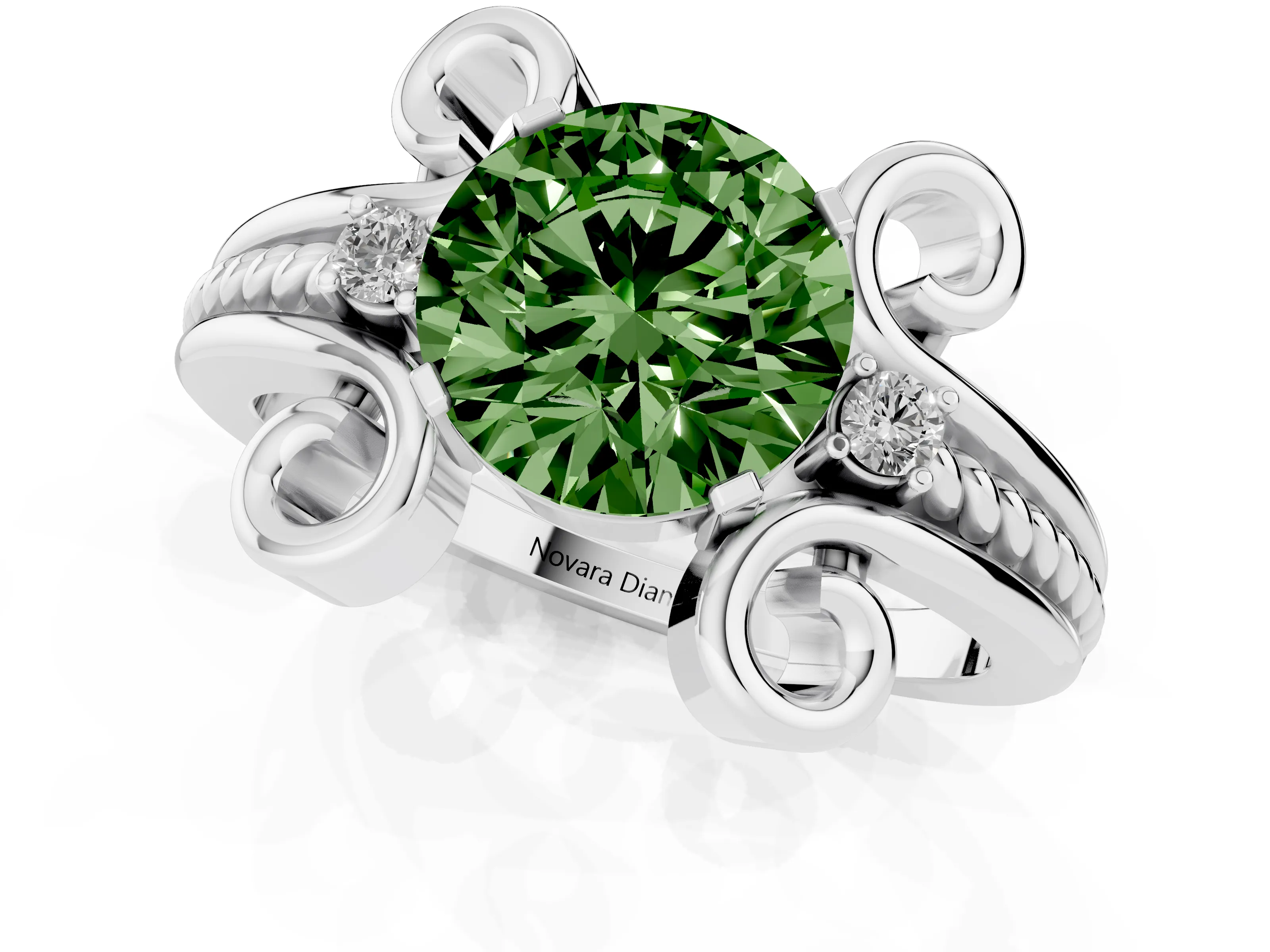 Fancy Green Round Cut Diamond Twisted Band Solitaire Ring Set in Platinum with Scroll Prongs