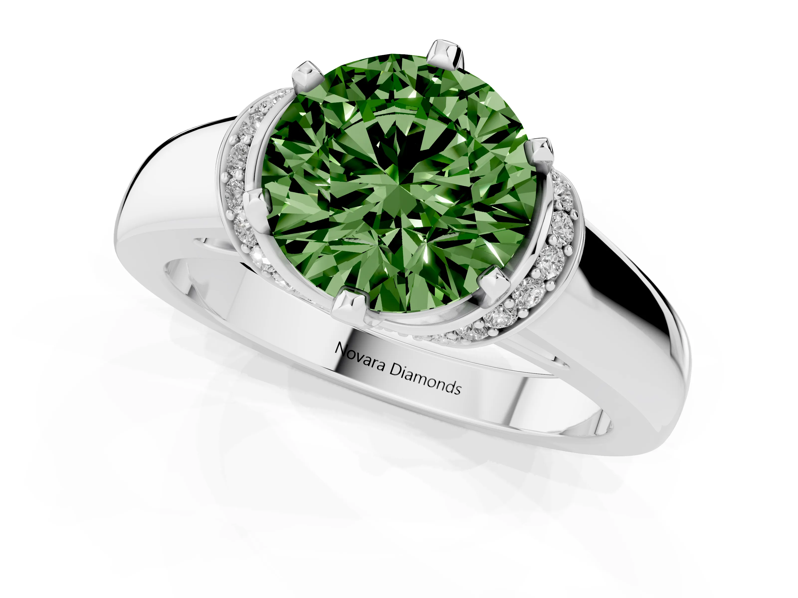 Fancy Green Round Cut Diamond Pavé Band Solitaire Ring Set in Silver with Prong Setting