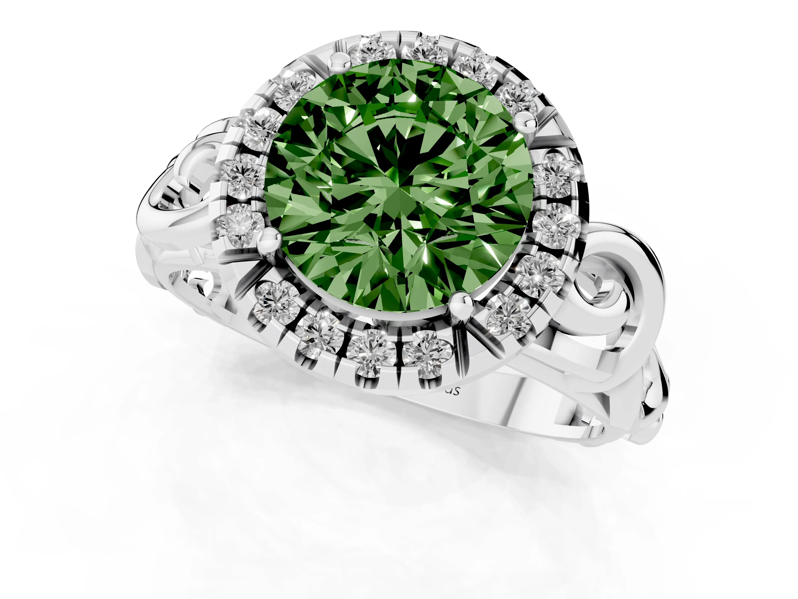 Fancy Green Round Cut Diamond Halo Ring Set in Platinum with Scrollwork Band and Prong Setting