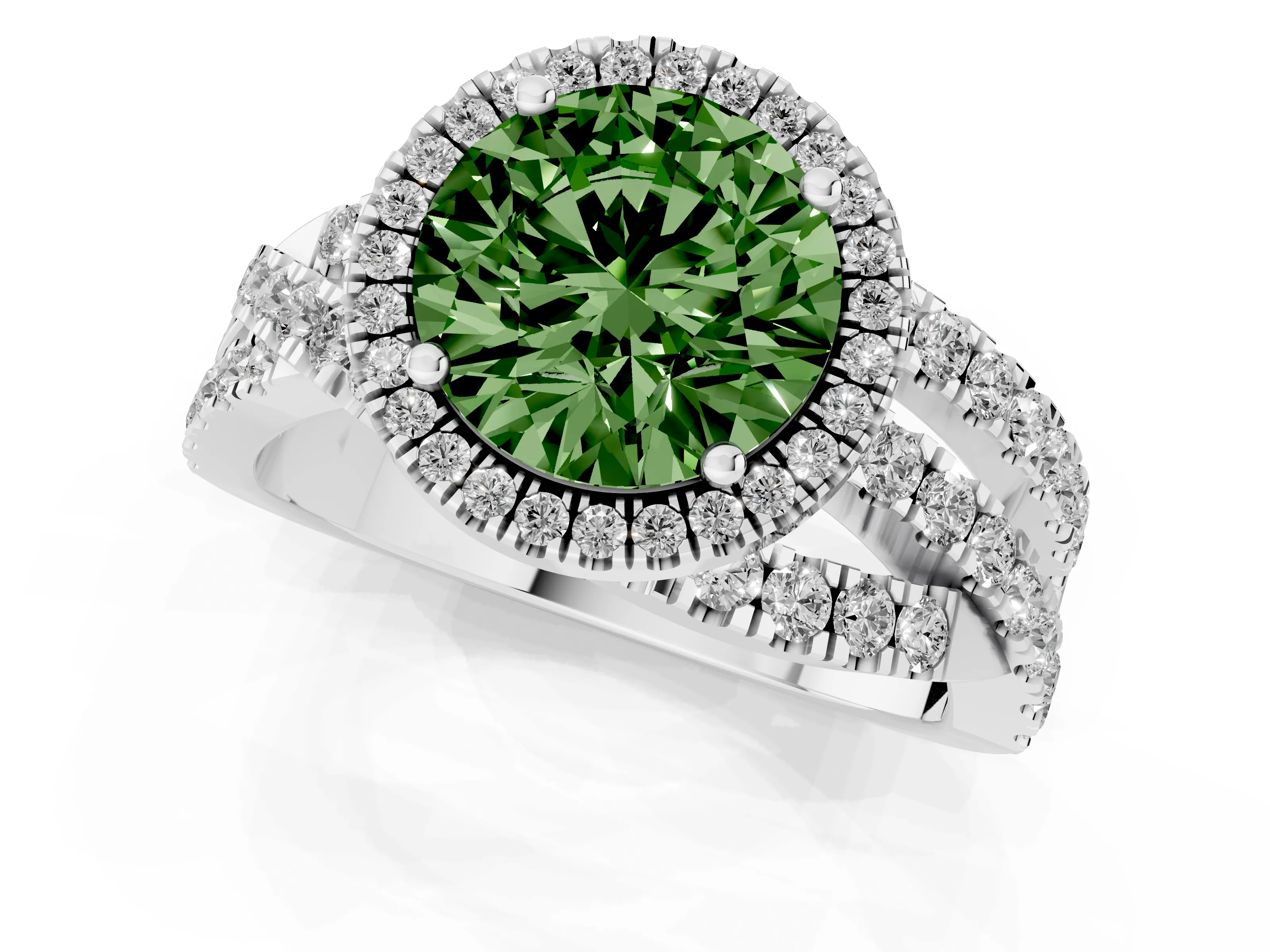 Fancy Green Round Cut Diamond Halo Ring Set in Platinum with Round Crossover Split Shank and Prong Setting