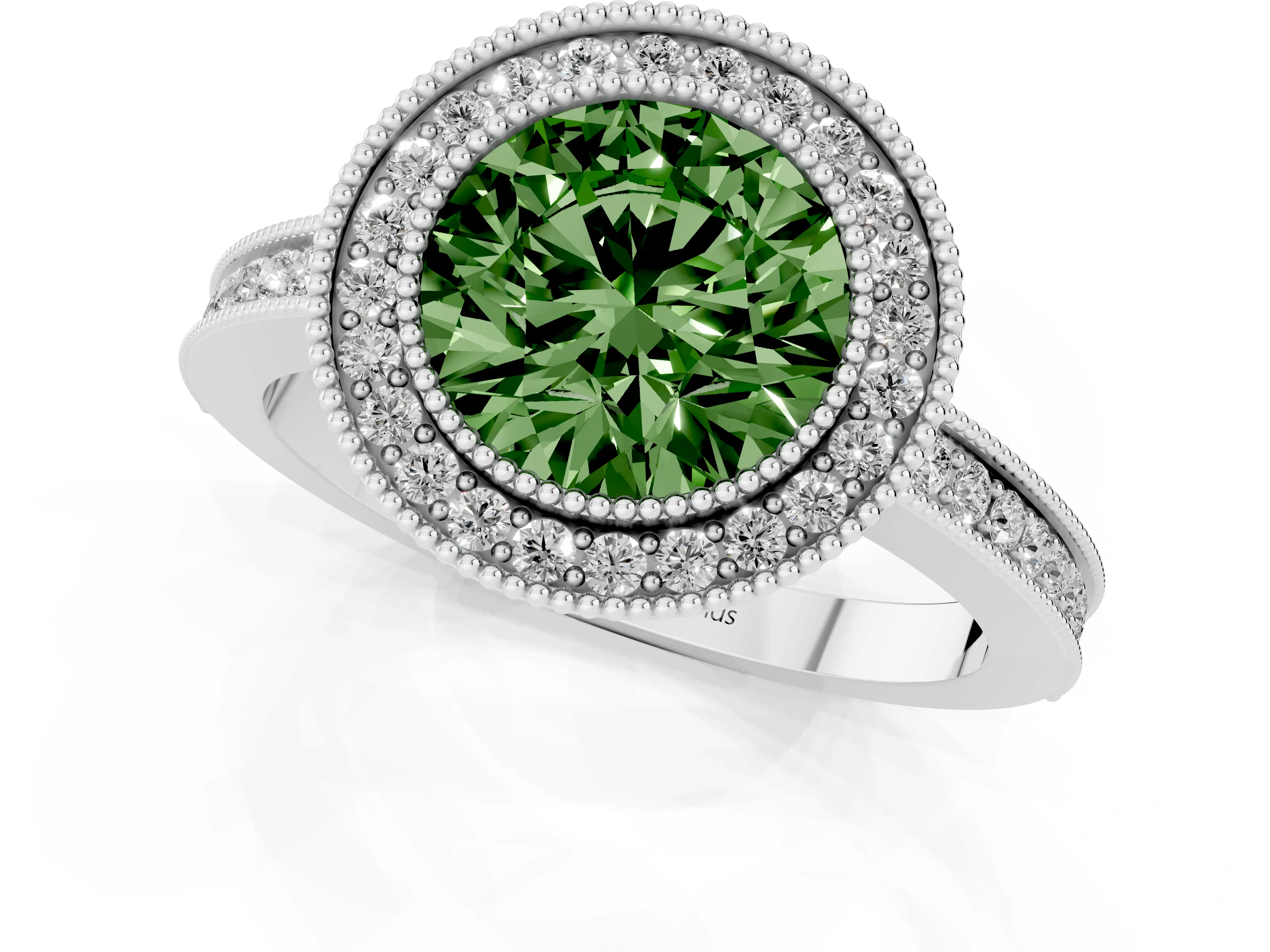 Fancy Green Round Cut Diamond Halo Ring Set in White gold with Pavé Band and Milgrain-Edged Prongs