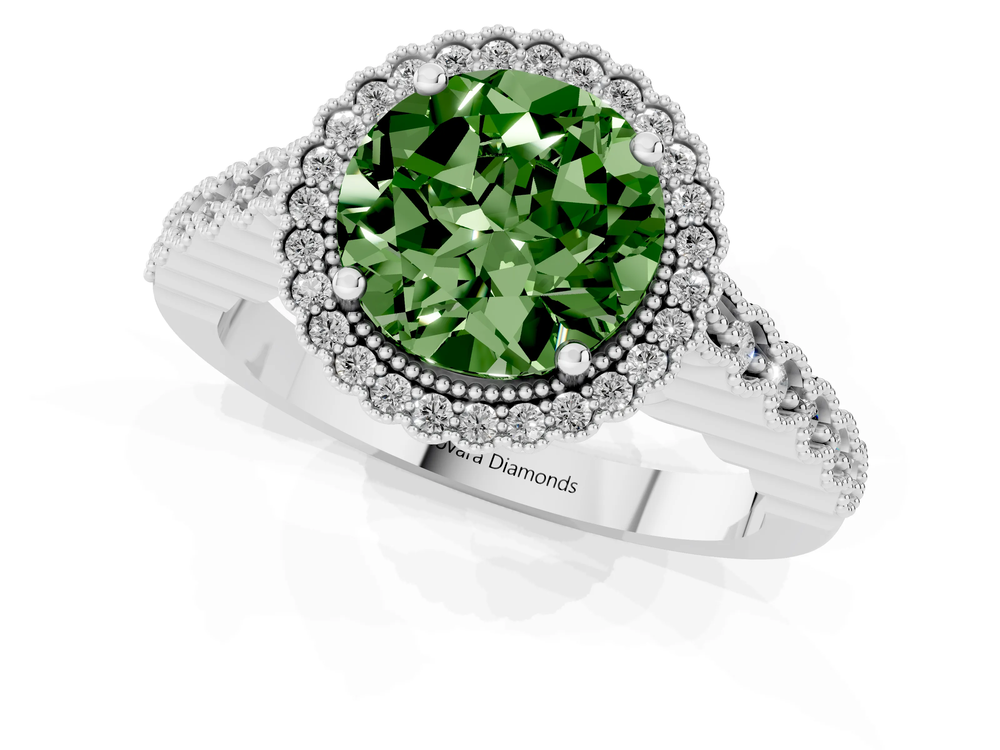 Fancy Green Round Cut Diamond Halo Ring Set in Platinum with Pavé Milgrain Band